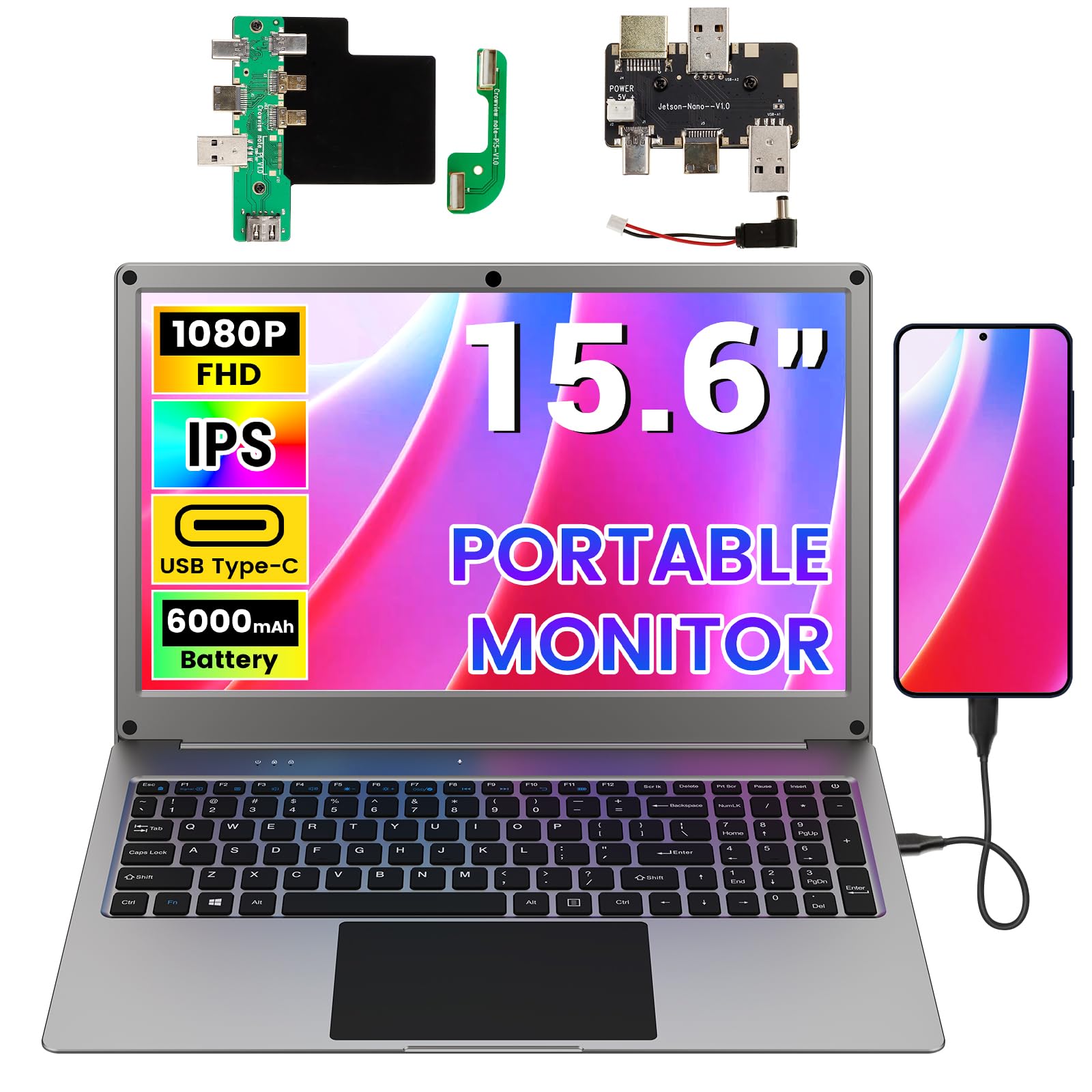 Portable Monitor with Keyboard, 15.6 Inch Lapdock Display with 6000mah Built-in Battery,CrowView Note 1080P FHD USB C Monitors with RPi5 Adapters Compatible with RPi5, PC, Phone, Mac, Game Console — view 10