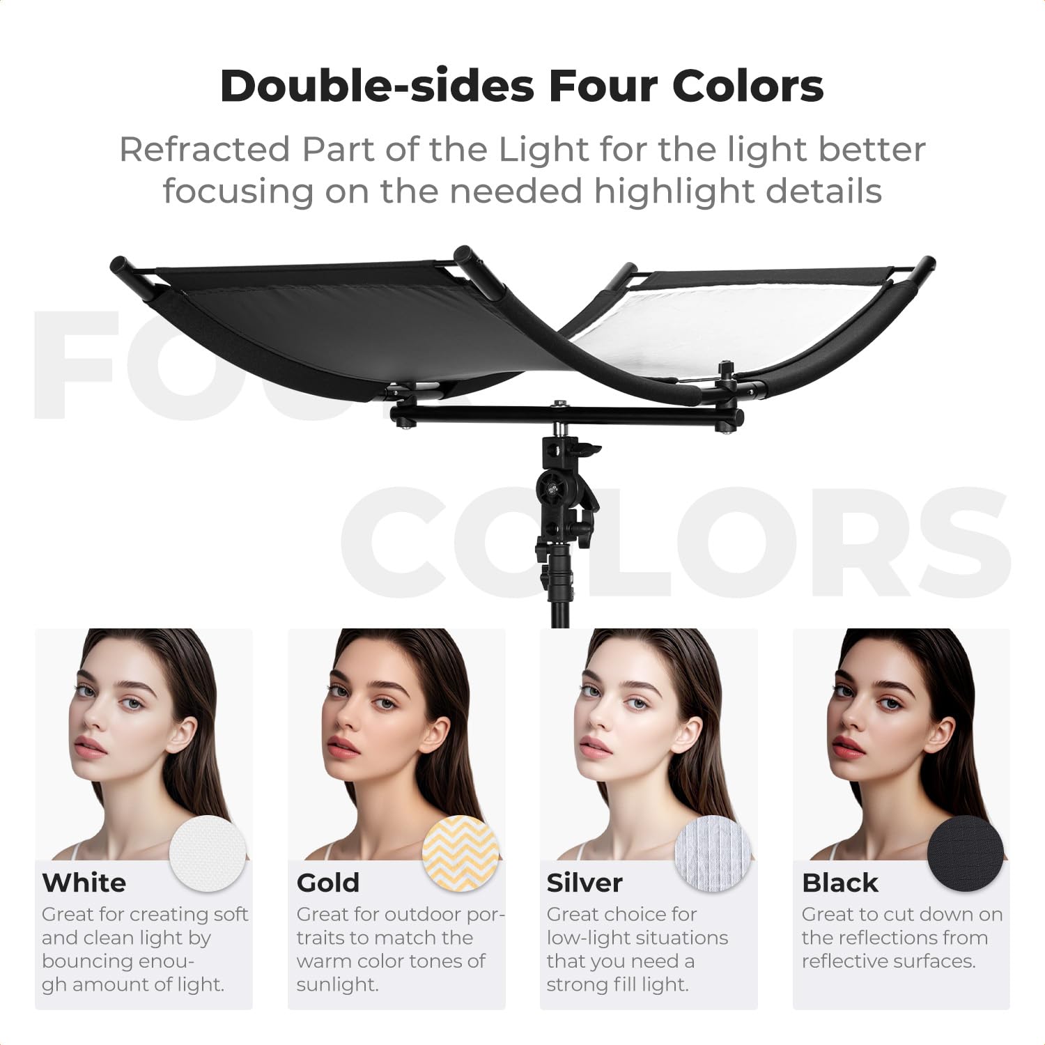 K&F CONCEPT Riflettore curvo U-Reflector 100x45cm con riflettore 4 in 1, nero/oro/bianco/argento, con supporto da 1,5 m, con custodia, adatto per studi fotografici