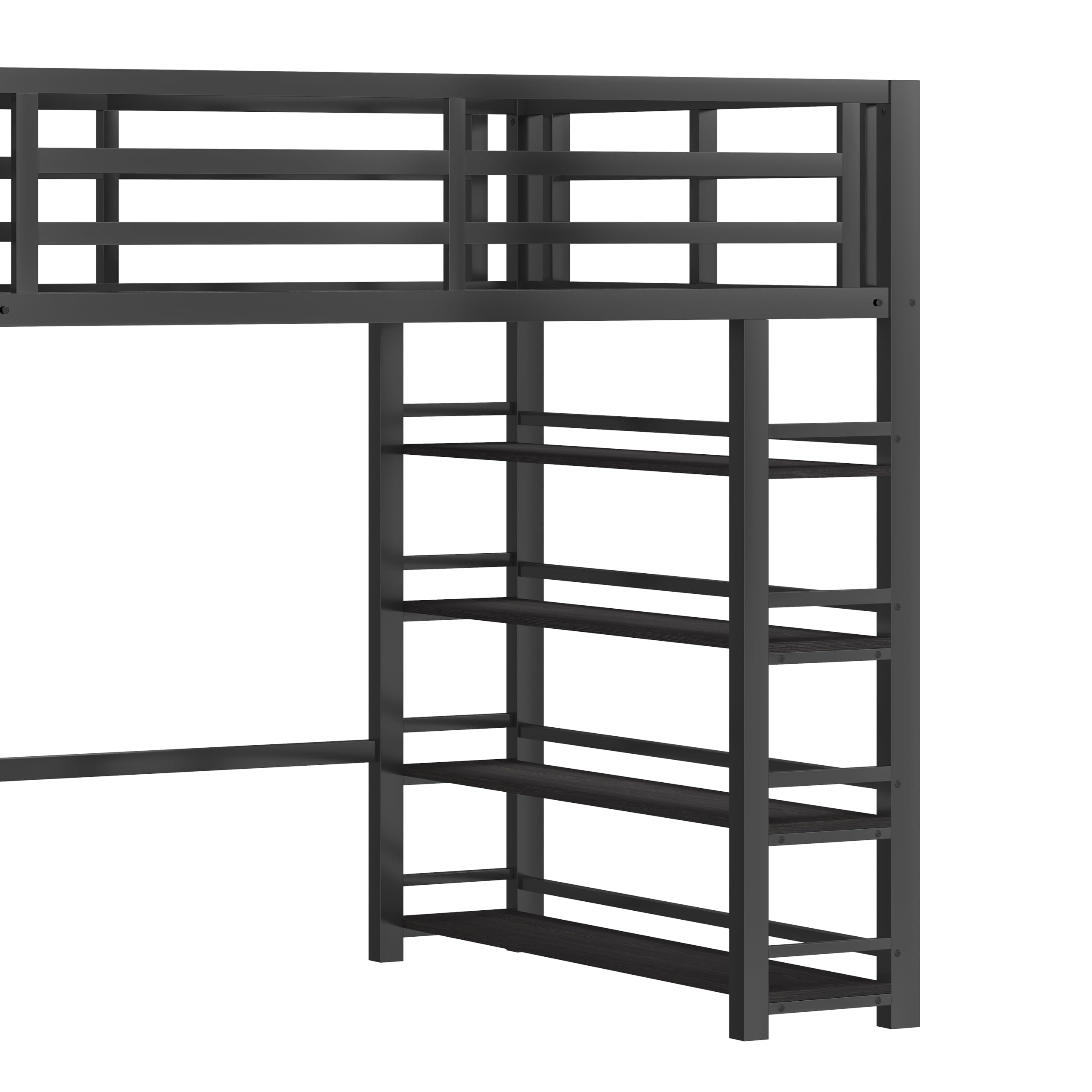 Moimhear Cama alta de metal de 140 x 200 cm, con escalera, armario, compartimentos de almacenamiento, iluminación LED, color negro