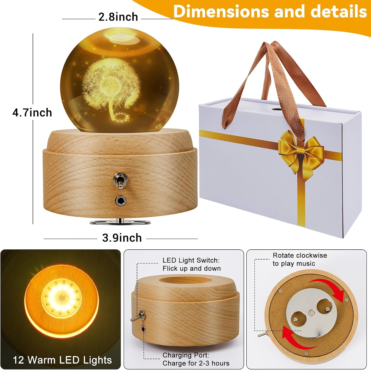 3D Crystal Ball Music Box, with Projection LED Lights, Rotating Wooden Base, Musical Box Gift for Birthday, Christmas, Valentine's Day, for Women Mom Daughter Girls (Dandelion)