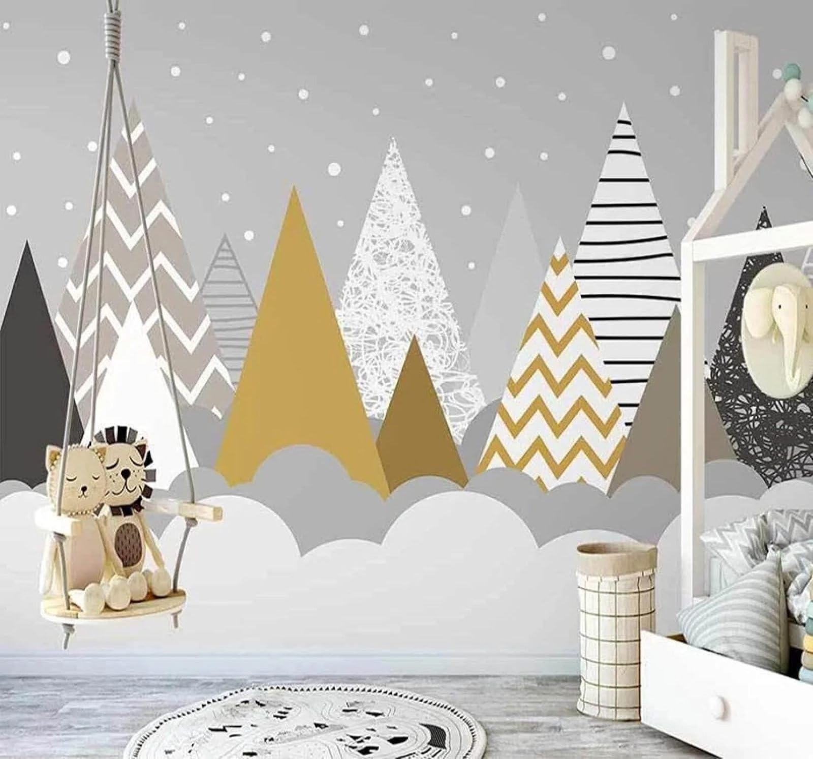 Tzxztt Hand Drawn Cartoon Colourful Geometric Mountaintop Modern 3D Wallpaper Premium Textured Silk Neutral Tones Material Ideal for Living Room Bedroom-350cm×256cm