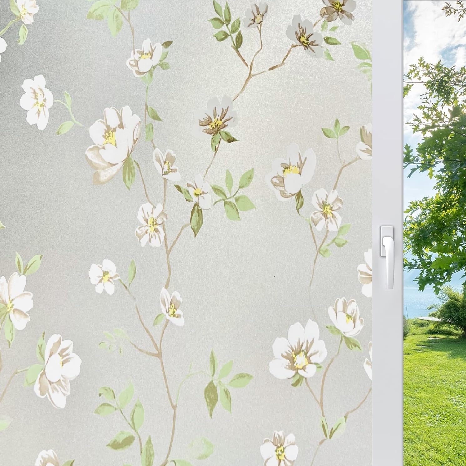Self-Adhesive Film Window Film Frosted Glass Sliding Door Bathroom Window Stickers Translucent Opaque UV Protection Static Clings Window Film, (1.5 Ft x 6 Ft, Leaf Grass)