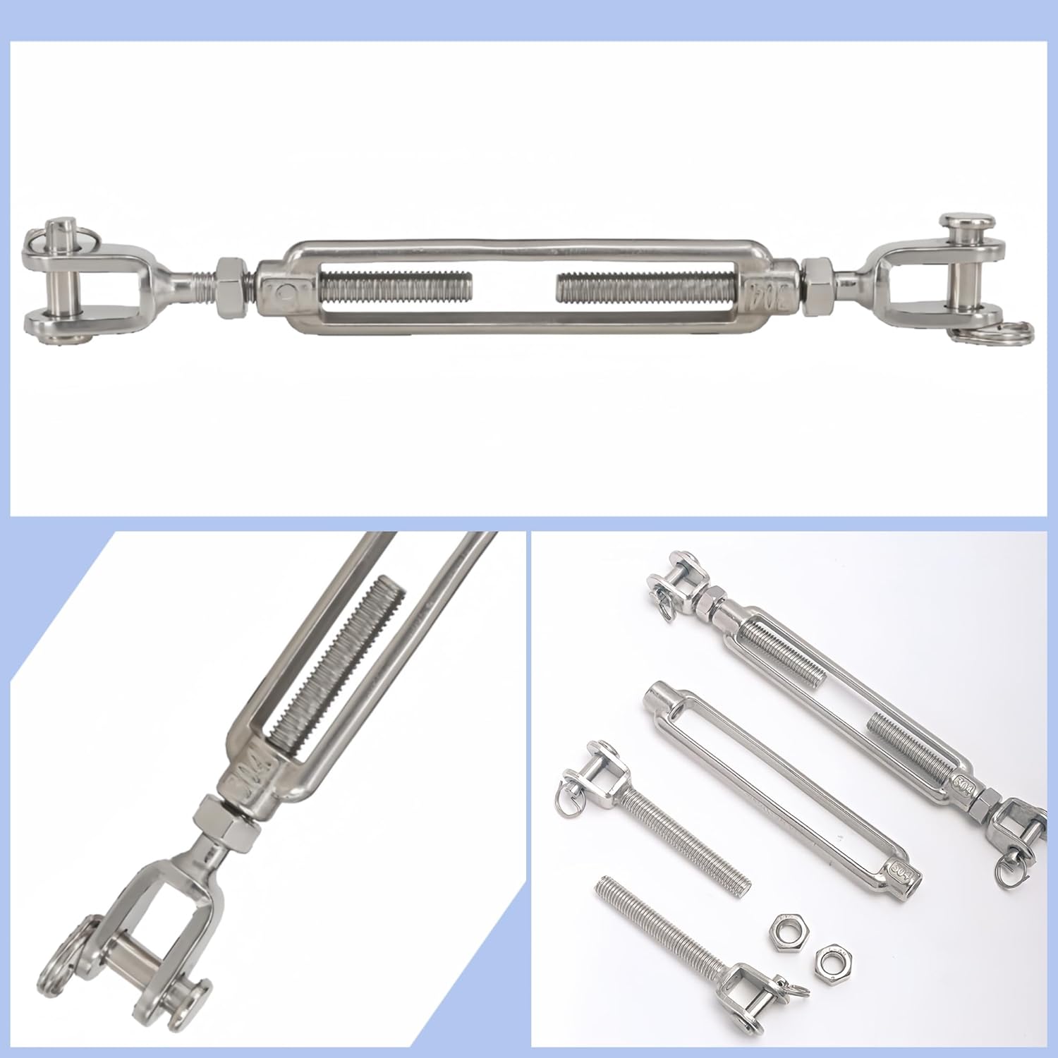 Turnbuckle Hook,8-PCS 1/4"Jaw & Jaw Turnbuckle,304 Stainless Steel M6 Open Body Turnbuckles, Cable Railing Wire Rope Hardware Kit Turnbuckles for Shade Sail, Cable Tightener