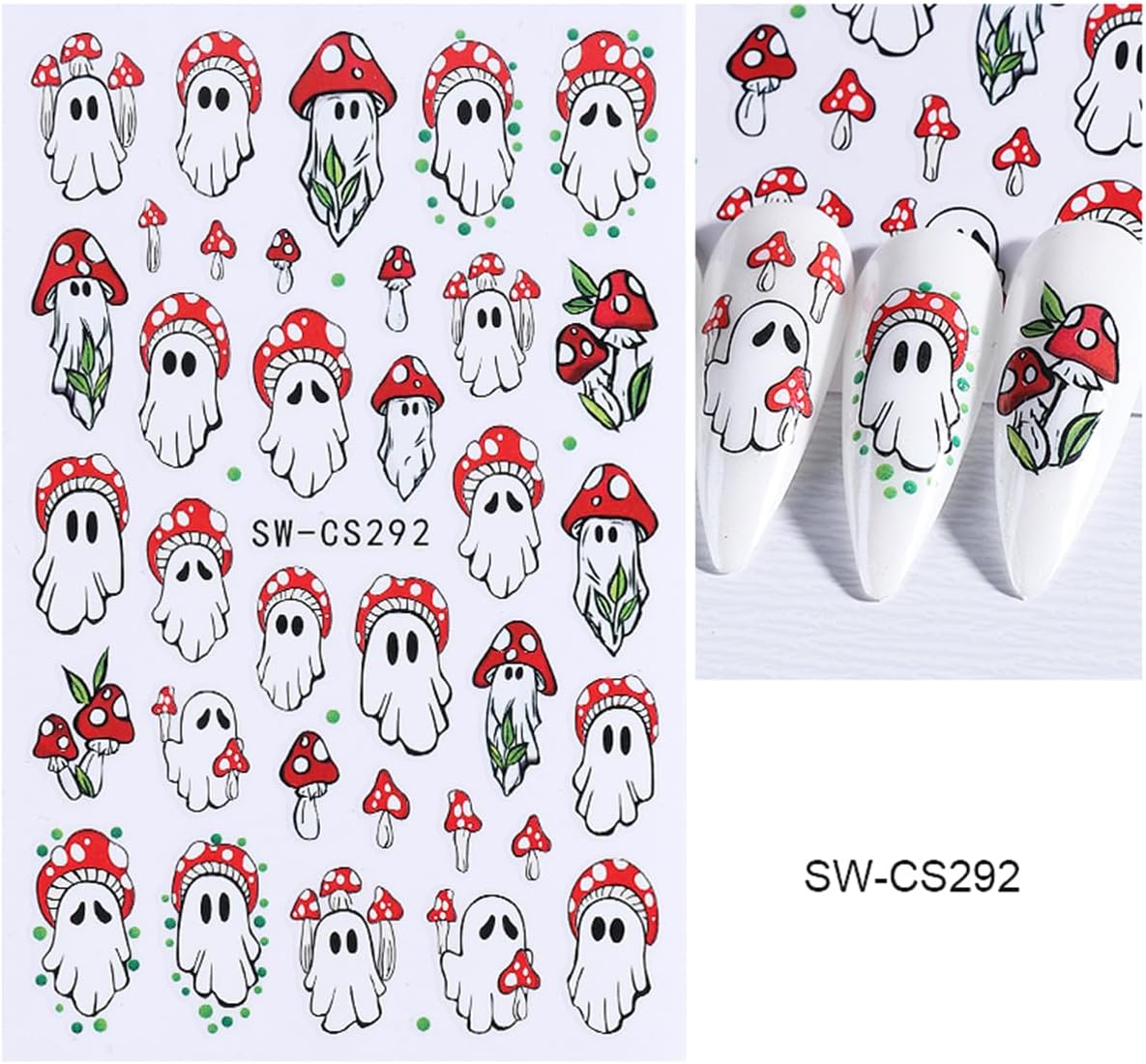 2 Sheets Halloween Nail Stickers for Nail Art - 3D Self Adhesive Ghost Nail Decals Cartoon Red Mushroom Nail Art Stickers Manicure Supplies Design Nail Decals for Women Nails Decoration