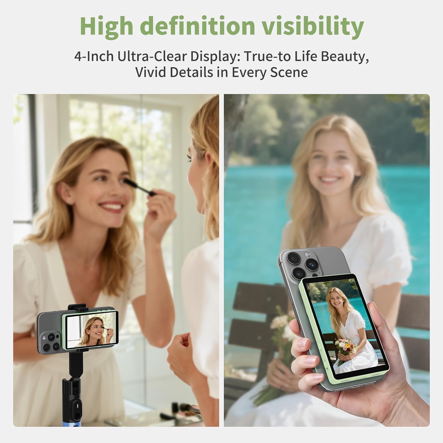 Selfie Monitor Screen, Vlog 4K 30fps Video Recording for iPhone & Android Using Phone Rear Camera for Selfie Vlog Live Stream TikTok, Bluetooth Remote Control, Content Creator Essentials (Green)