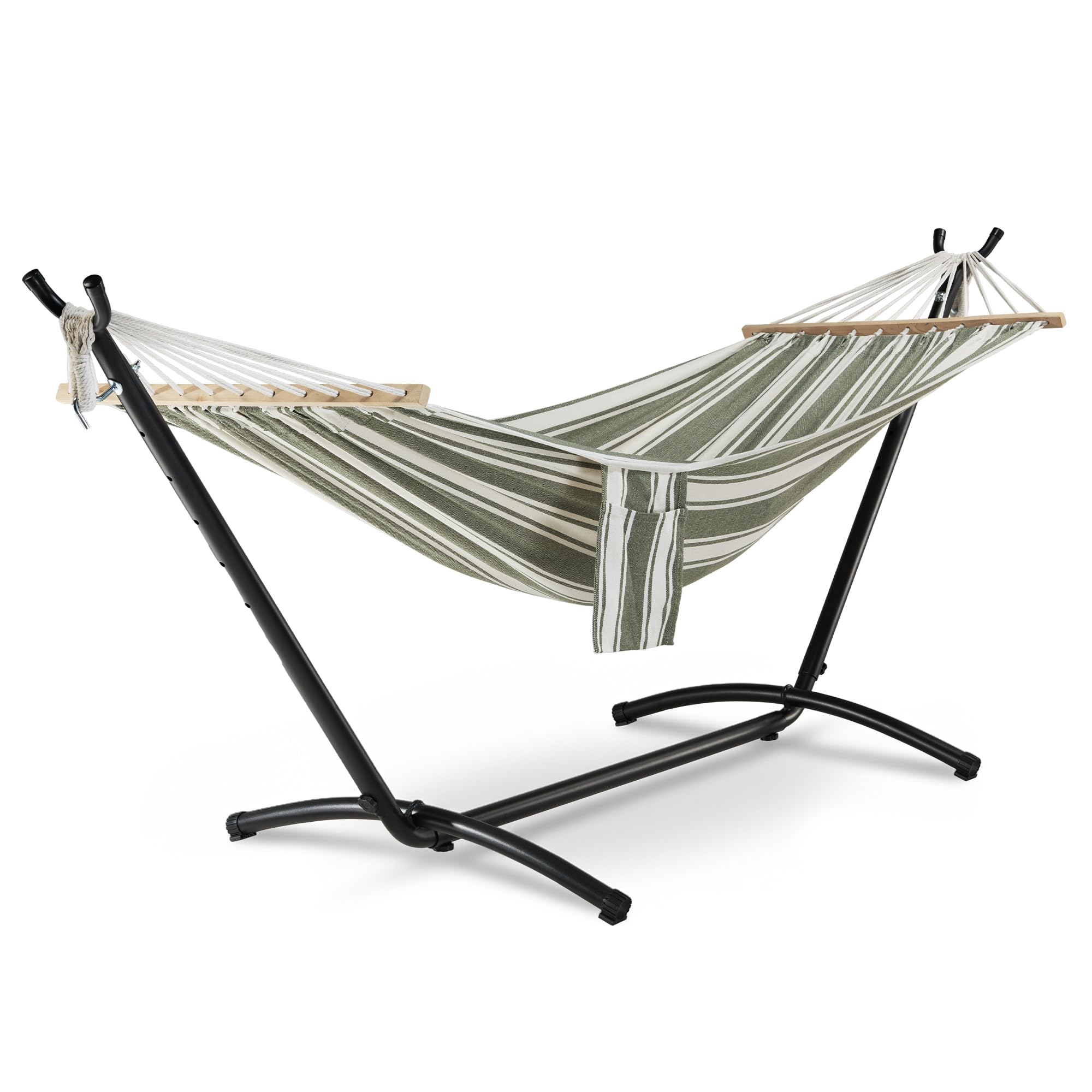 Vonhaus Green Hammock With Stand - Freestanding 2 Person Striped Hammock Seat With Steel Frame - Polycotton Material & Adjustable Frame For Garden - Travel Bag For Outdoors (, 1 Person)