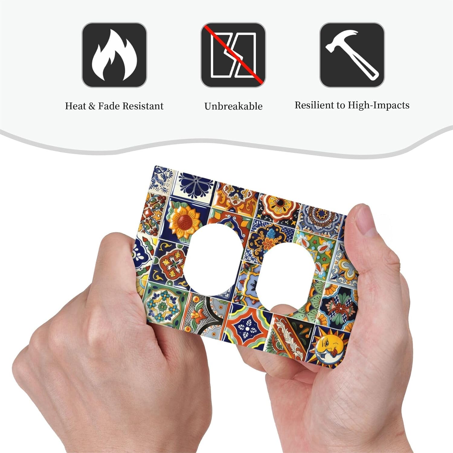 Decorative Light Switch Cover Talavera Tiled Patterns 1 Gang Wall Plate Cover Single Duplex Outlet Covers Switchplate Electrical Faceplate for Bathroom Bedroom Decor(2pack)