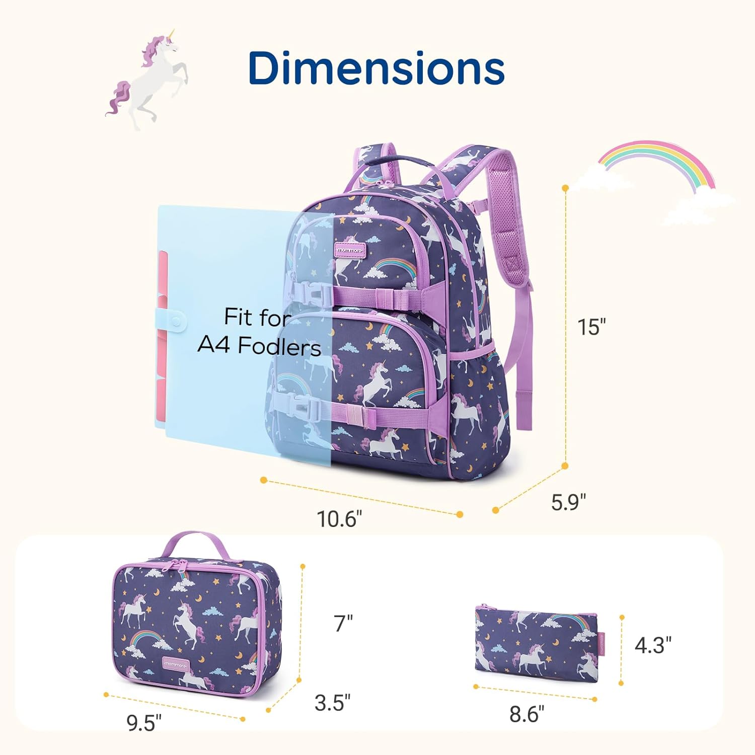 mommore Kids Backpack for Girls 4-8 with Lunch Box Elementary Kindergarten Preschool School Backpack 15'' Fit Folders Bottles, Purple Unicron