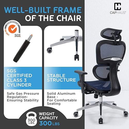 Miniatura 8 de CAPHAUS Silla ergonómica de escritorio de oficina con reposabrazos ajustable 3D, soporte lumbar 3D y reposacabezas 2D, silla giratoria ejecutiva