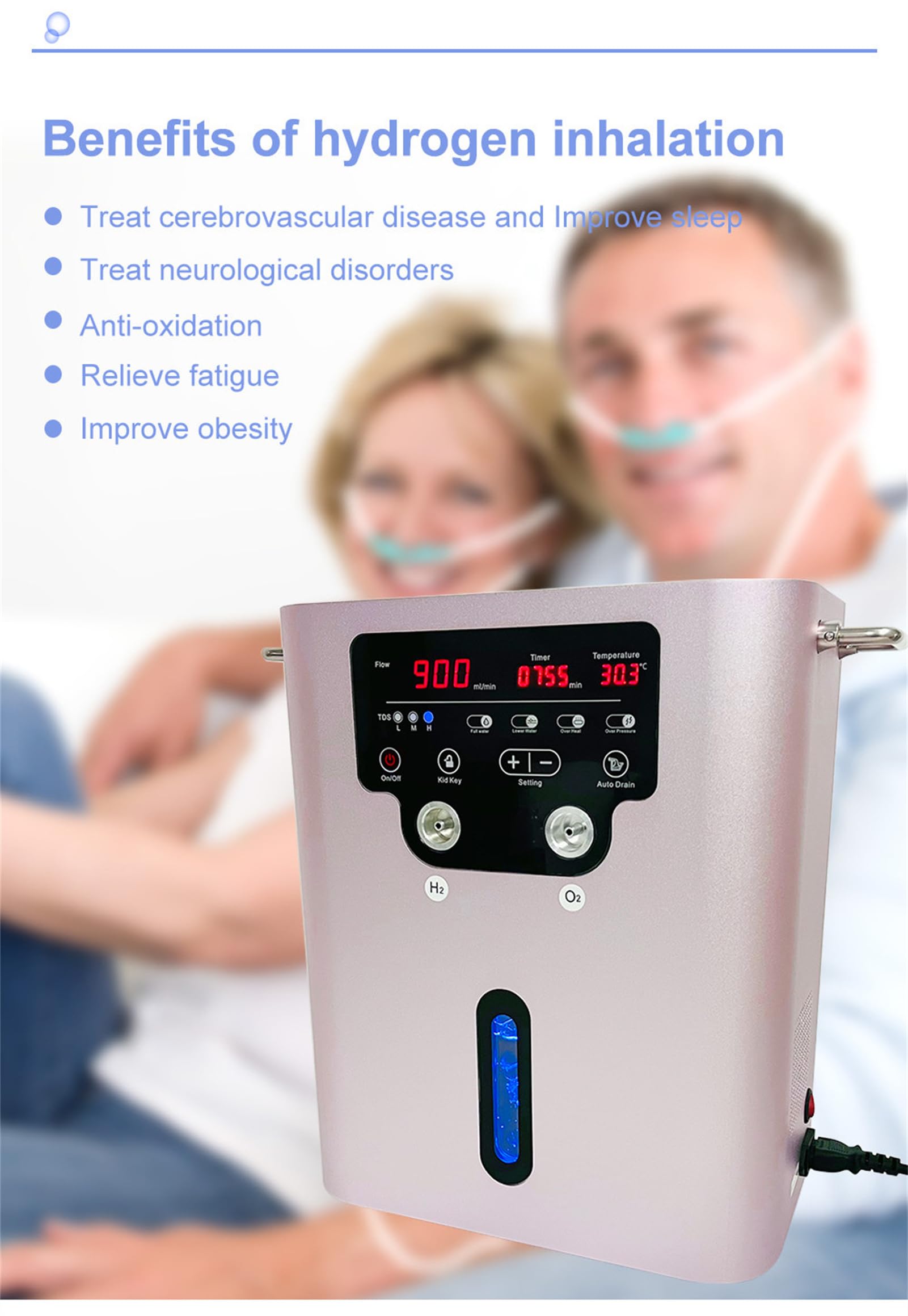 99,99% inhalator H2 o wysokiej czystości, oddzielony HO, 900 ml/min, generator wody do inhalacji wodorowej, jonizator wody SPE PEM