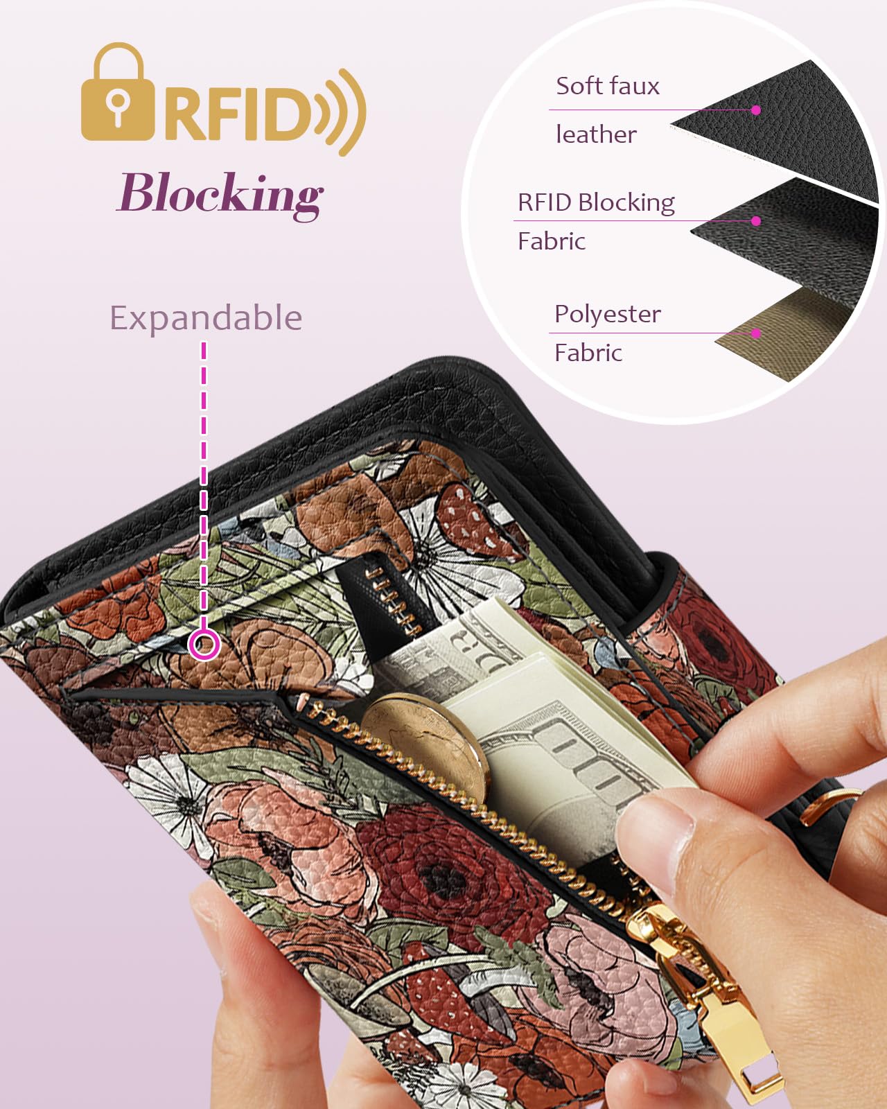 Bistup Billetera pequeña de Cuero Genuino RFID con llaveros para Mujeres, Adolescentes, niñas, Tarjetas de crédito de Dos Solapas, Flor marrón., Flor marrón