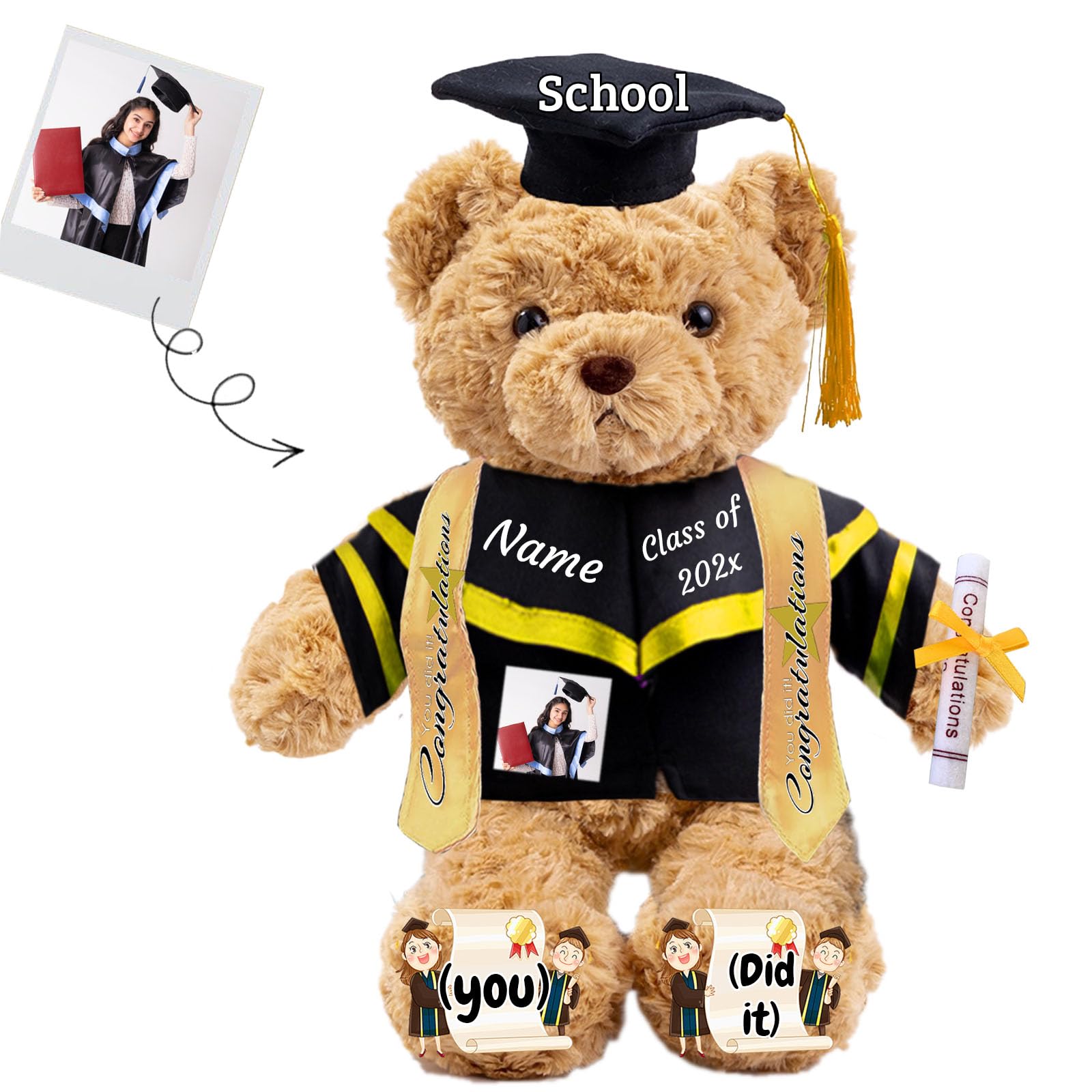 JABECODIFA Graduation Gifts 2025 Teddy Bear with Text+Photo, Personalized Bear Plush Toys as Graduation Gifts for Her Him as High School College