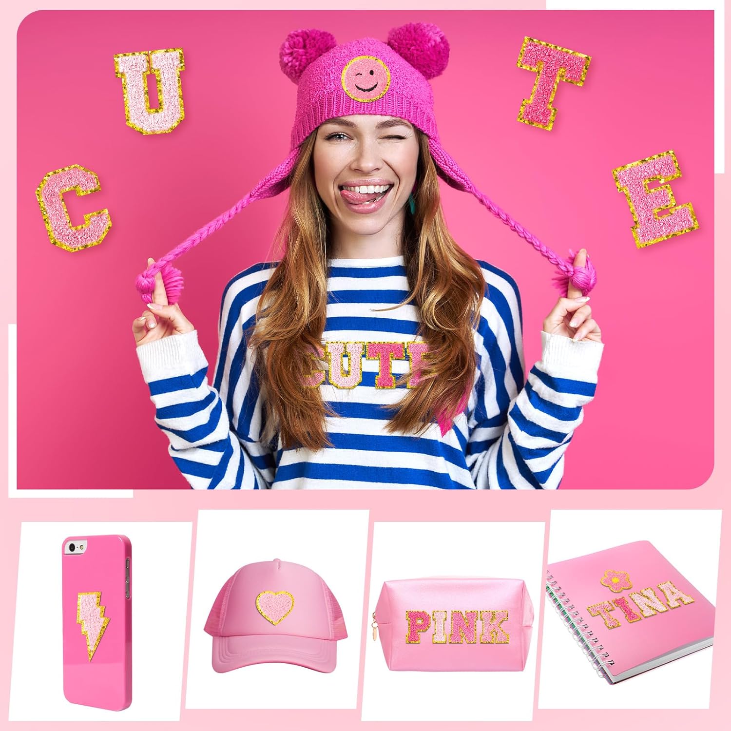 Hanaive 136 Pcs Chenille Letter Patches Self Adhesive Stickers for DIY Cute Smile Face Heart Rainbow Patches for Clothing Backpacks Bags Jackets Hat Decoration(Cute Style,Pink Color)