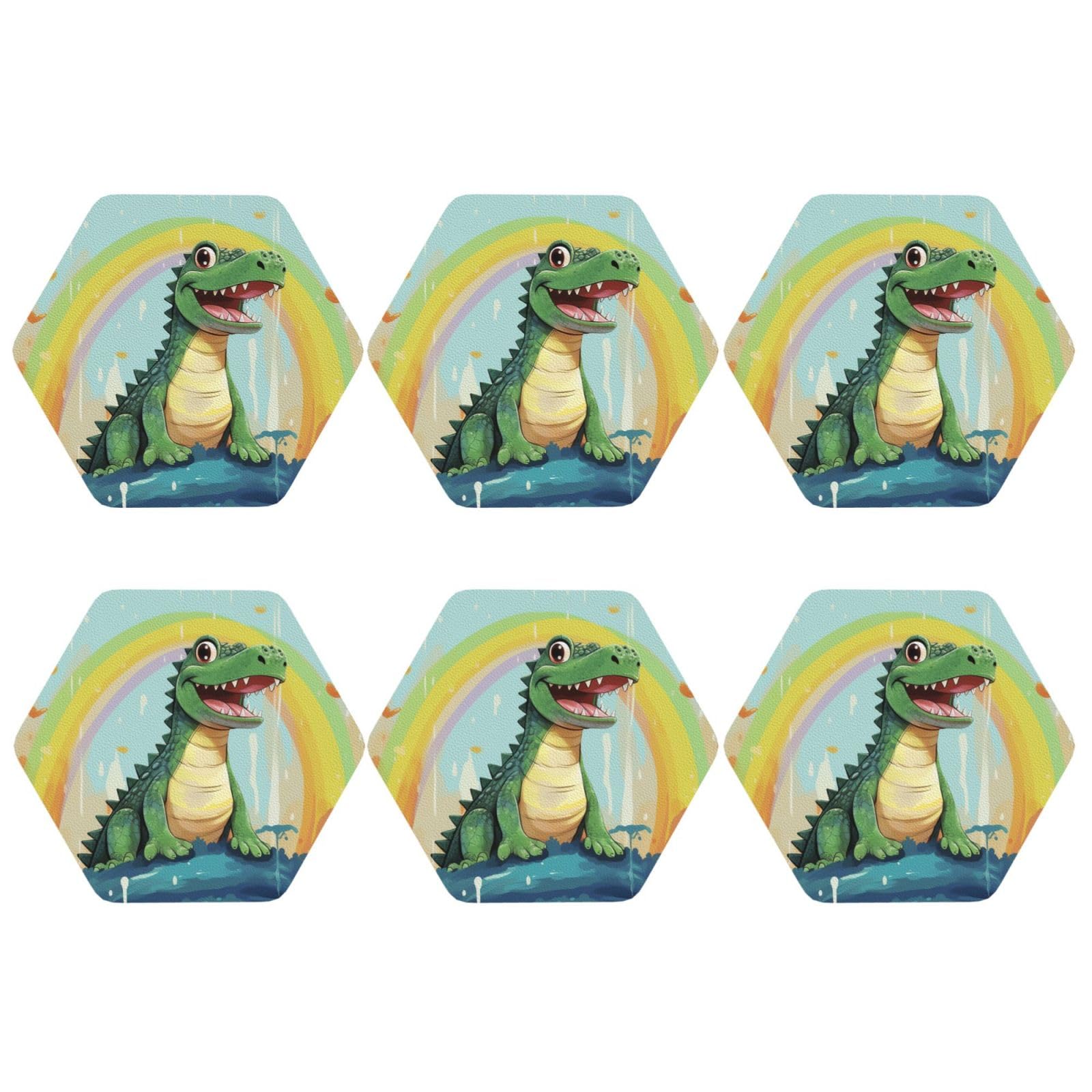 6pcs Leather Coasters for Drinks, Cute Crocodile Rainbow Drink Coasters for Tabletop Protection, 4" Cup Coasters for Coffee Table Decor, Non-Slip Drinking Cup Mat for Hot Or Cold Drink