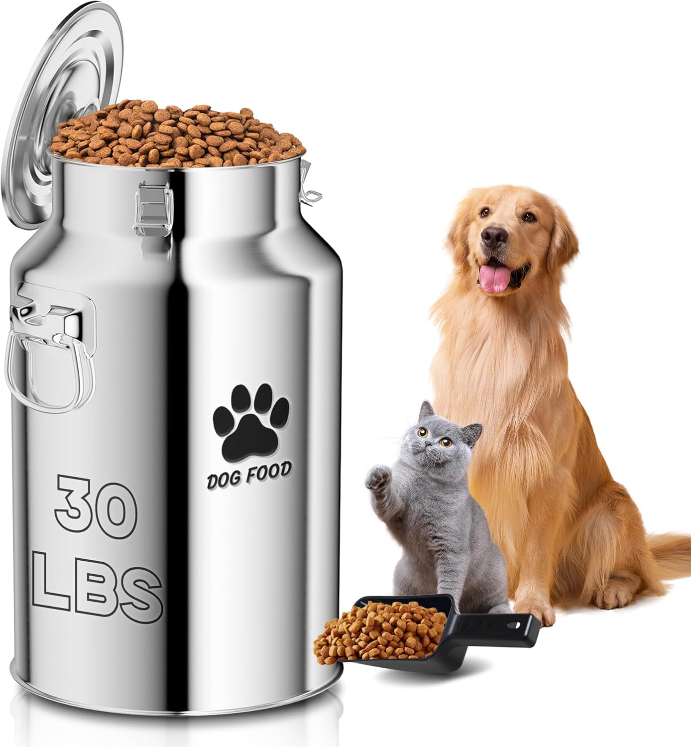 Metal Dog Food Storage Container, 30Lbs Dog Food Storage Tank, Multifunctional Storage Bin with Sealed Lid and Spoon, Pet Food Storage Container for Dogs and Cats, Keeping Fresh and Easy to Clean