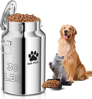 Metal Dog Food Storage Container, 30Lbs Dog Food Storage Tank, Multifunctional Storage Bin with Sealed Lid and Spoon, Pet Food Storage Container for Dogs and Cats, Keeping Fresh and Easy to Clean