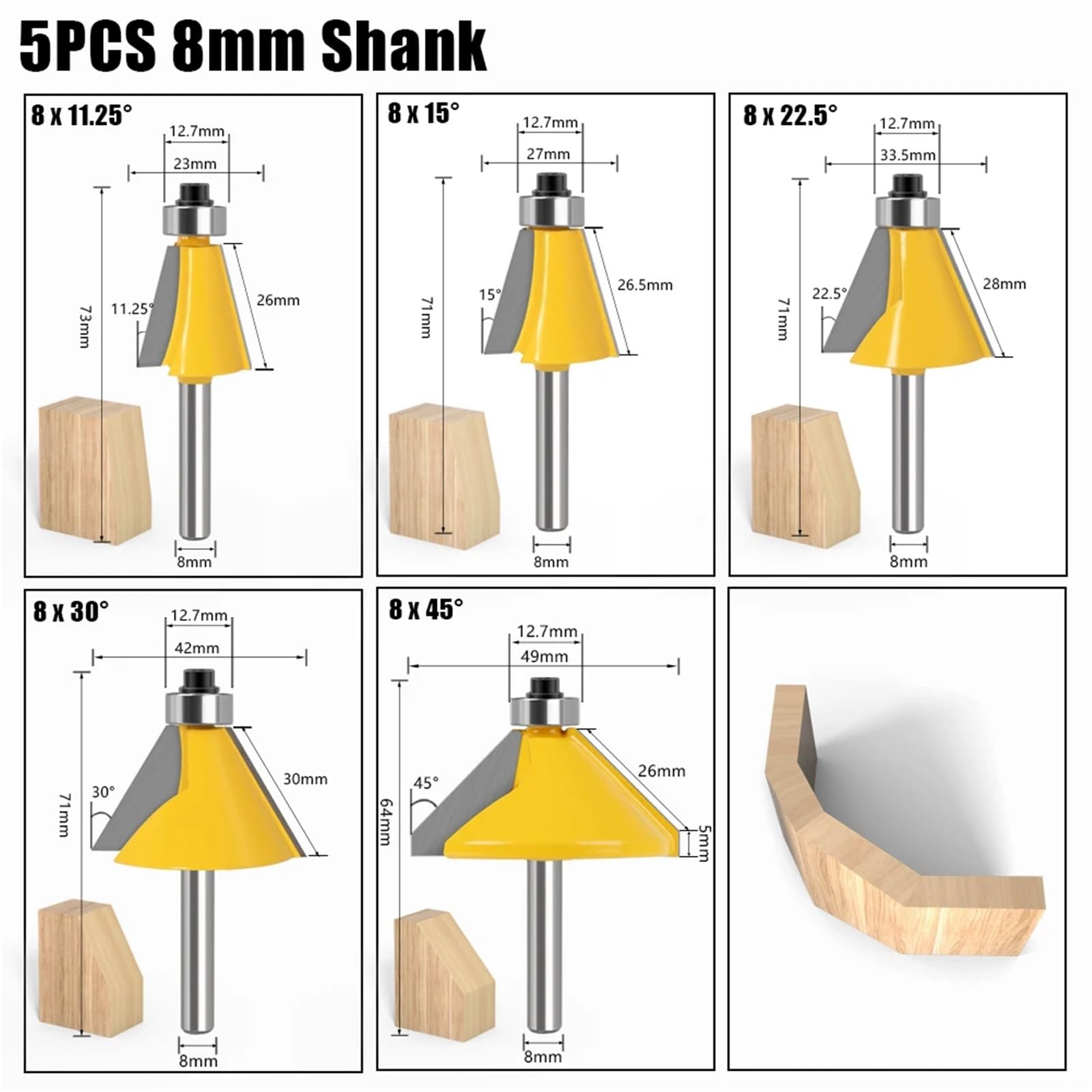 5 szt. 6 mm 8 mm 12 mm 1/4′′ 1/2′′ Trzpień duży 11,25 15 22,5 30 45 stopni fazowanie krawędzi frez do drewna(5PCS 8mm Shank)