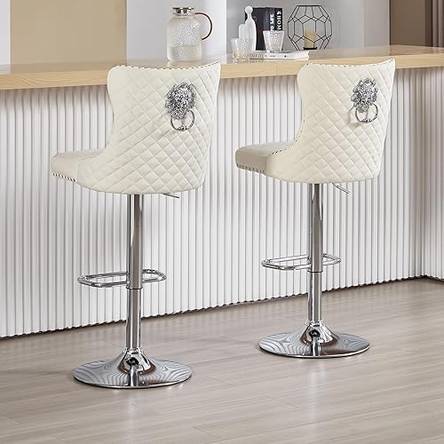 Miniatura 66 de Juego de 4 taburetes de bar giratorios ajustables de terciopelo con respaldo copetudo, ribete de cabezas de clavos y anillo de tracción, sillas de