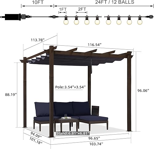 Miniatura 121 de PURPLE LEAF Pérgola de metal retráctil de 10 x 12 pies con toldo y cubierta de sombra para jardín, patio, terraza de playa, cenador, color blanco