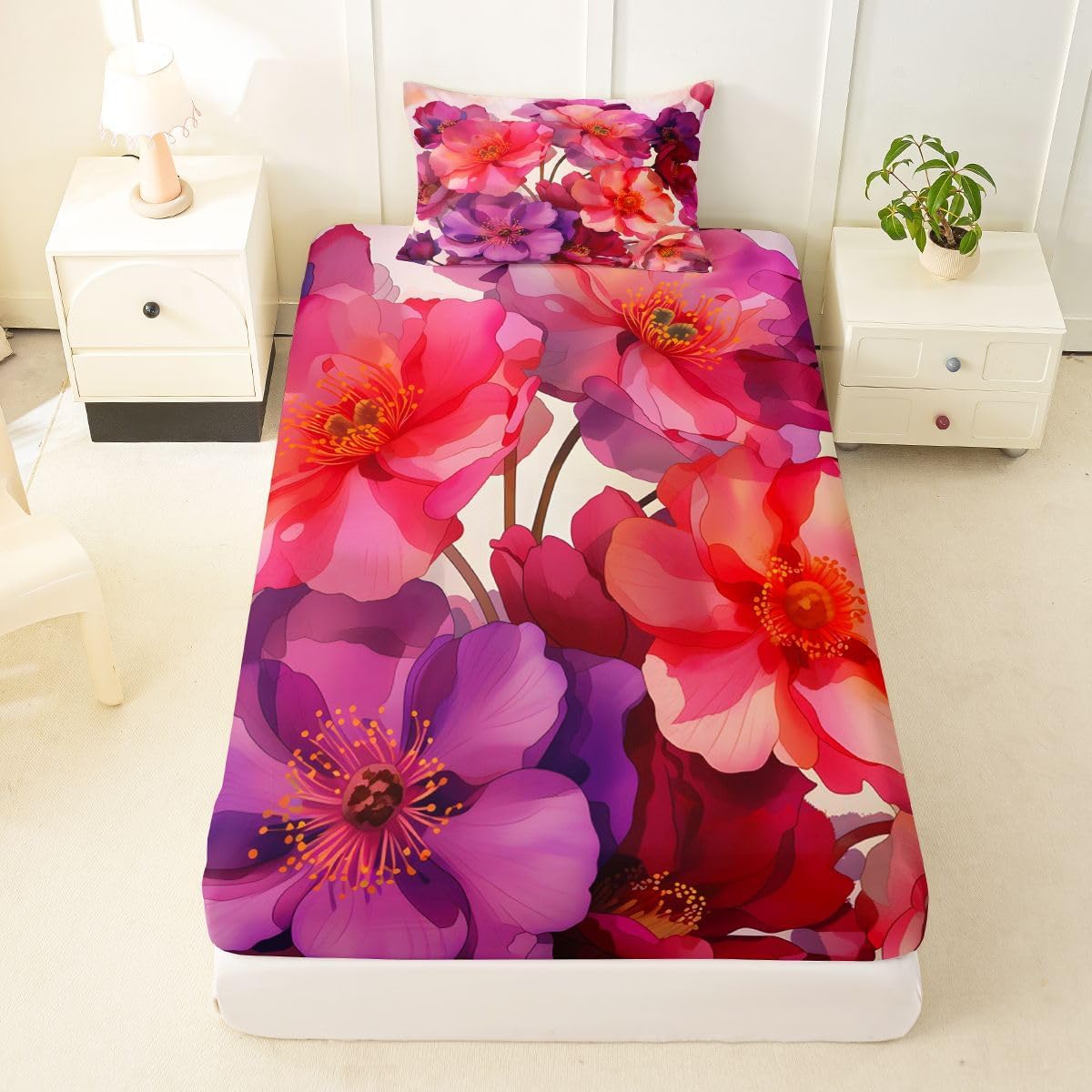 Erosebridal Boho Florals Bed Sheets Twin 60s 70s Groovy Flower Fitted Sheet Watercolor Hippie Funky Flower Bedding Set for Girls Kids Children Teens Adults Pink & Purple Poppy Aesthetics Sheets 2 Pcs
