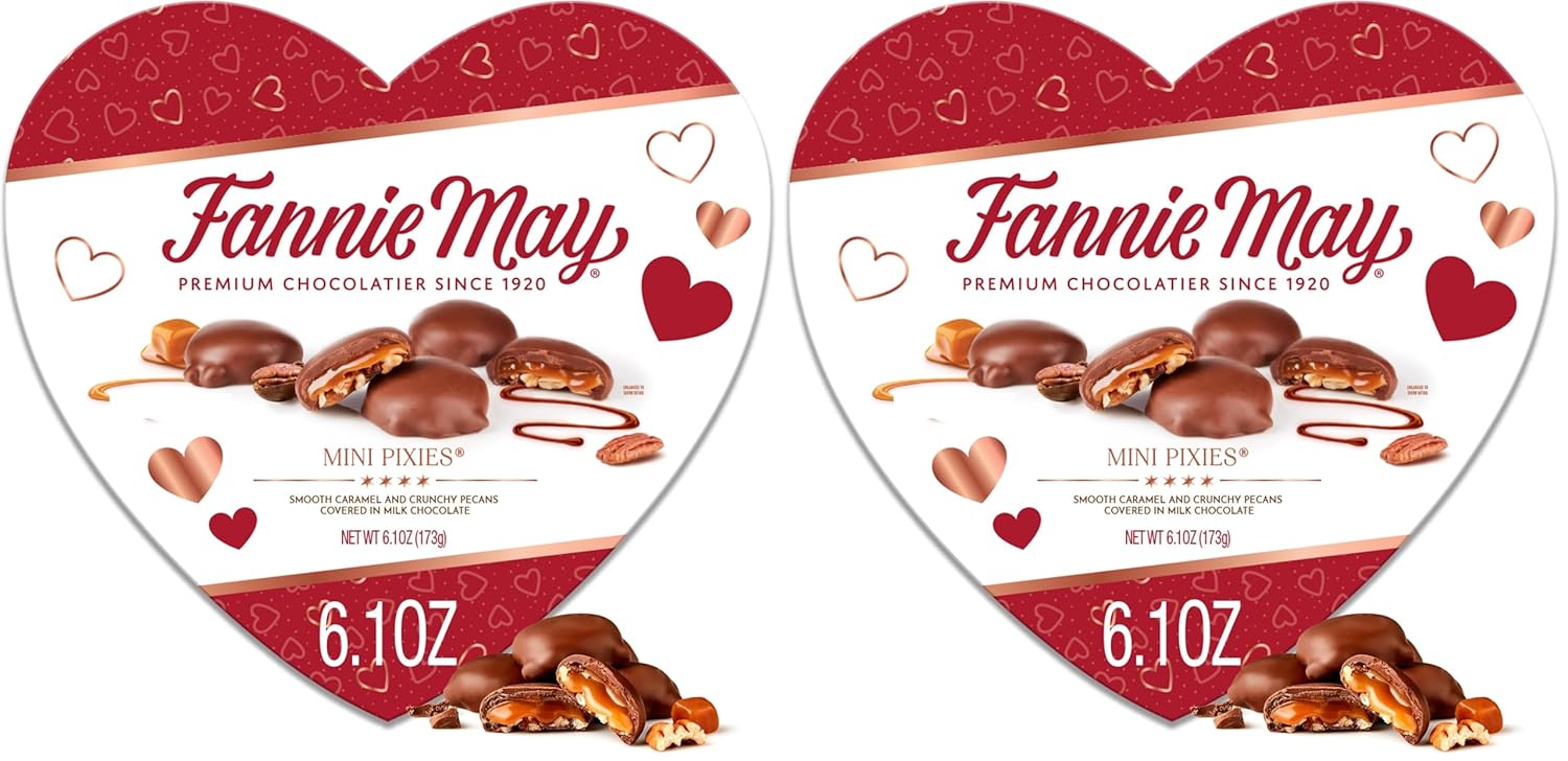 Fannie May Mini Pixies Caramel Pecan Chocolates, Valentine's Day Heart Shaped Gift Box, 6.1 oz​ (Pack of 2)