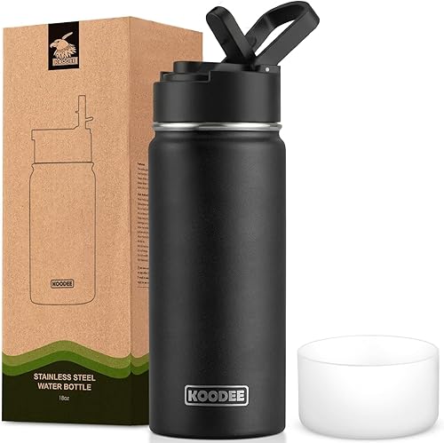 Miniatura 36 de koodee Botella de agua de 16 onzas de acero inoxidable de doble pared aislada al vacío, botella de agua de boca ancha con tapa de popote a prueba de