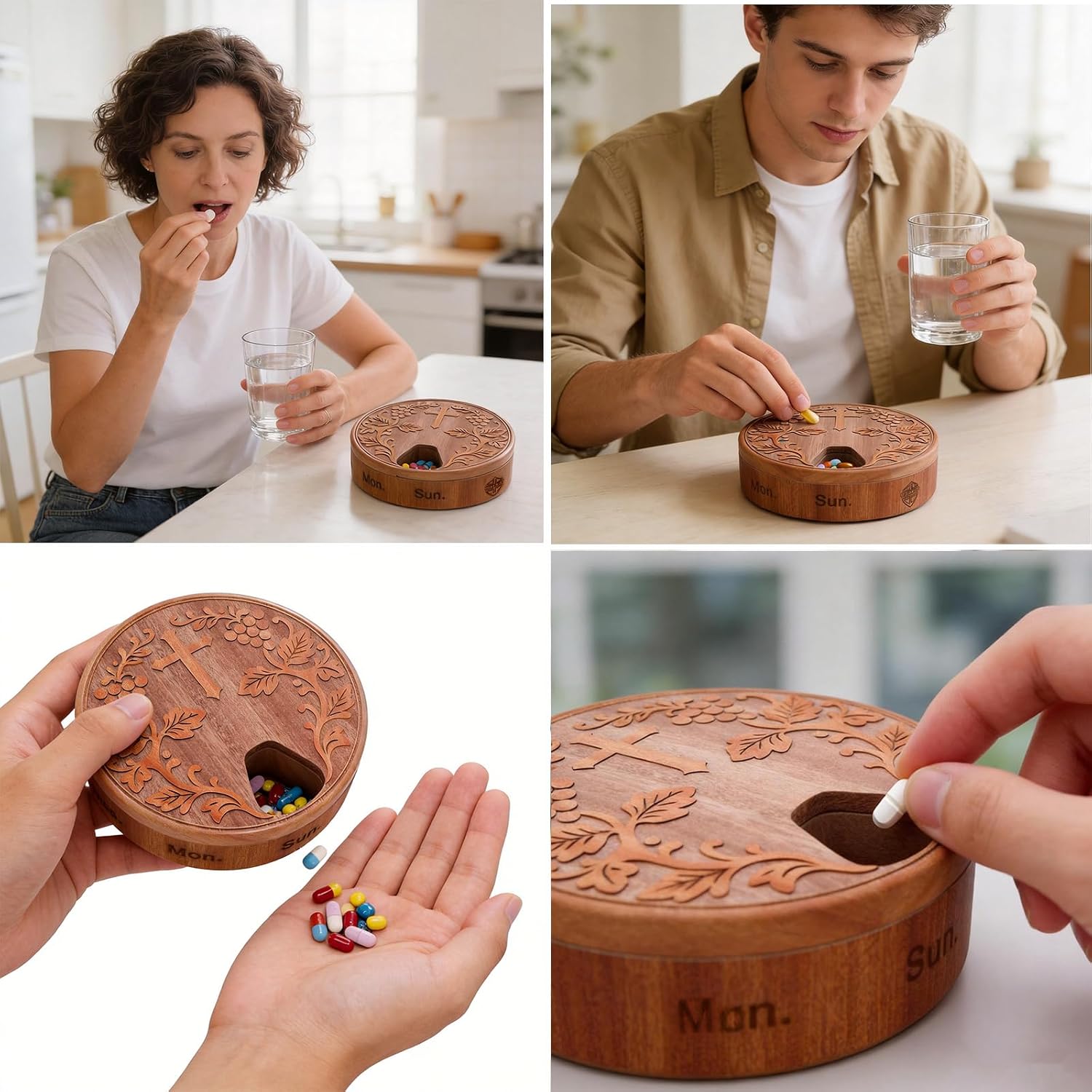 Wooden Weekly Pill Organizer - 7 Day Pill Box with Cross Engraving for Christian Religious Gift for Parents, Gift for Mom from Daughter Son (Sapele Max Healing Grace)