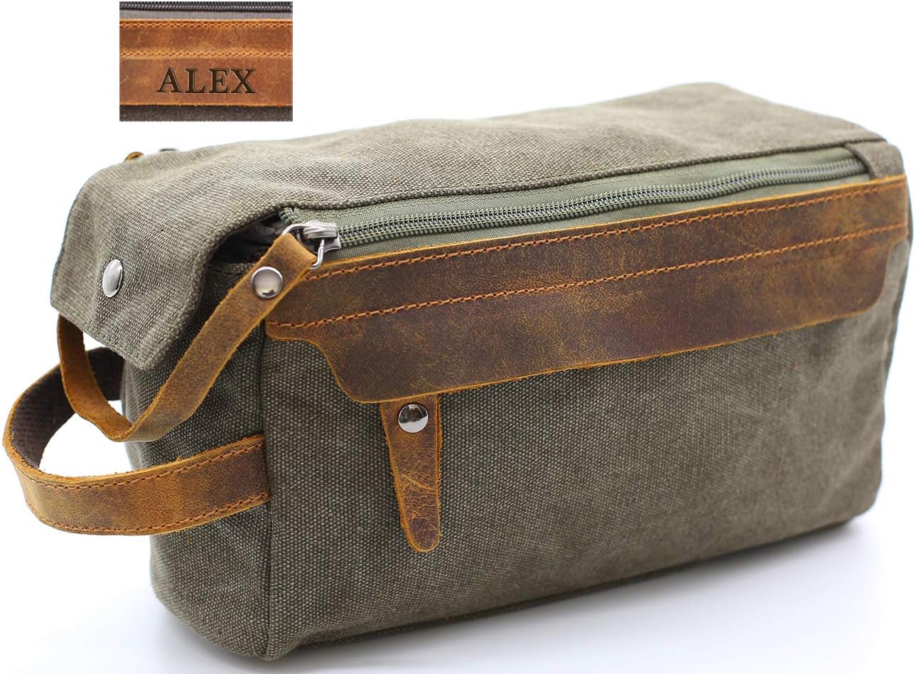 Toiletry Bag For Men And Women Personalized Shaving Kit Bag Crazy Horse Leather Dopp Kit For Men Travel Shaving Bag Mens Toiletry Bag Canvas Dopp Kit For Travel (ArmyGreen)