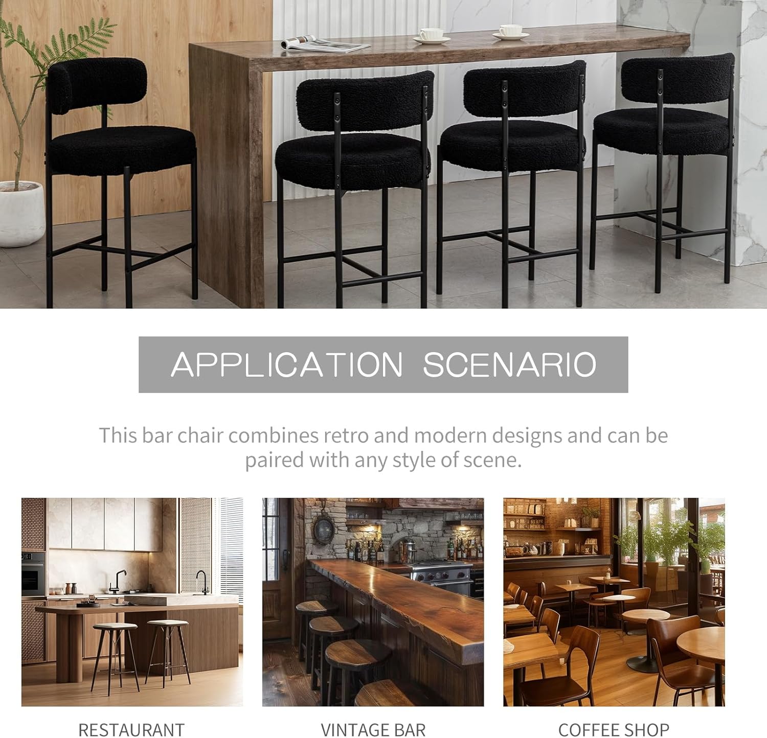 Counter Height Bar Stools Set of 4, Modern Barstools with Curved Back, Black Boucle Counter Stools for Kitchen Island, Dining Room, Cafe, Pub