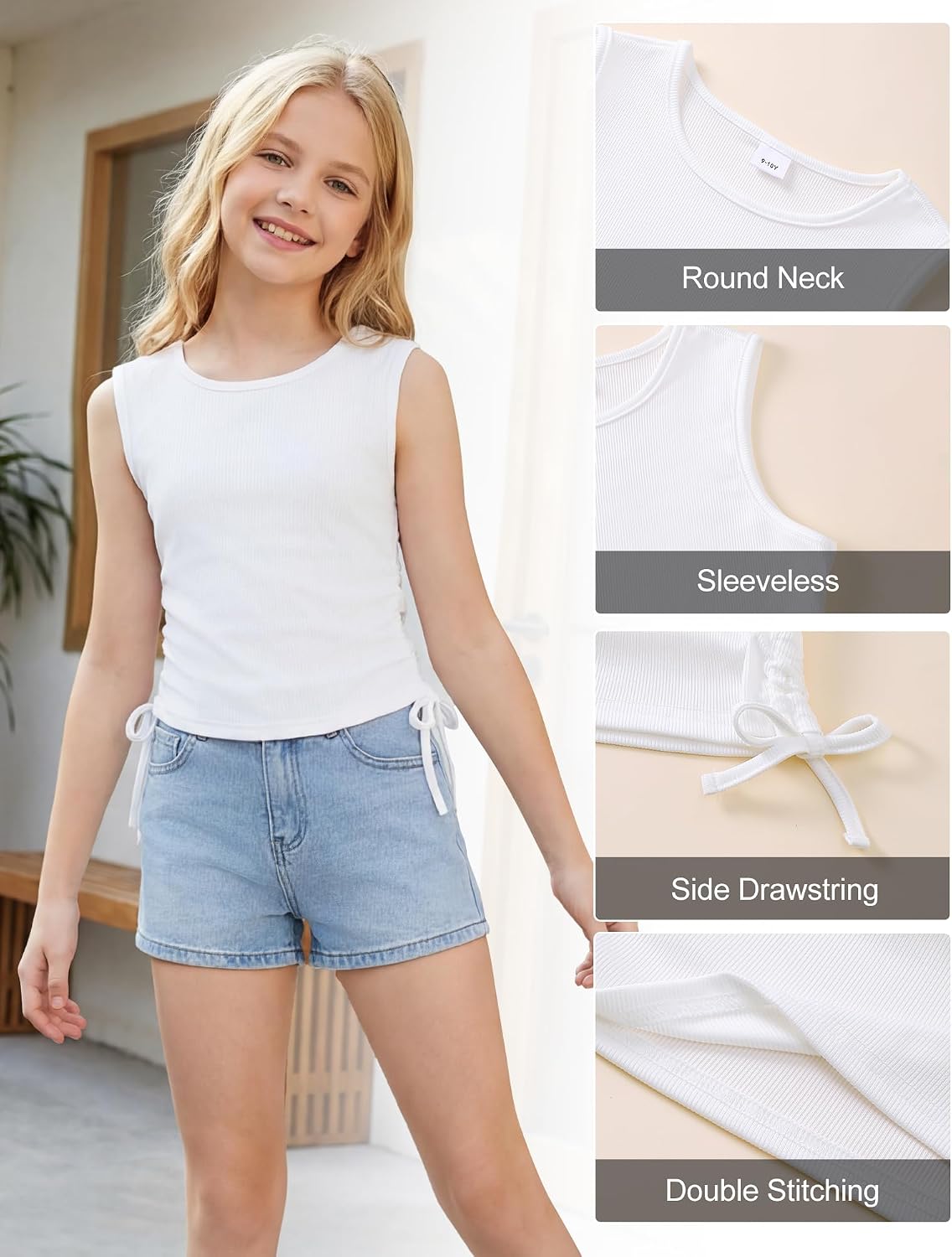 Girls Tank Tops: Round Neck Sleeveless Crop Tops Ribbed Knit Side Drawstring Dance Tops Size 7-14 Years