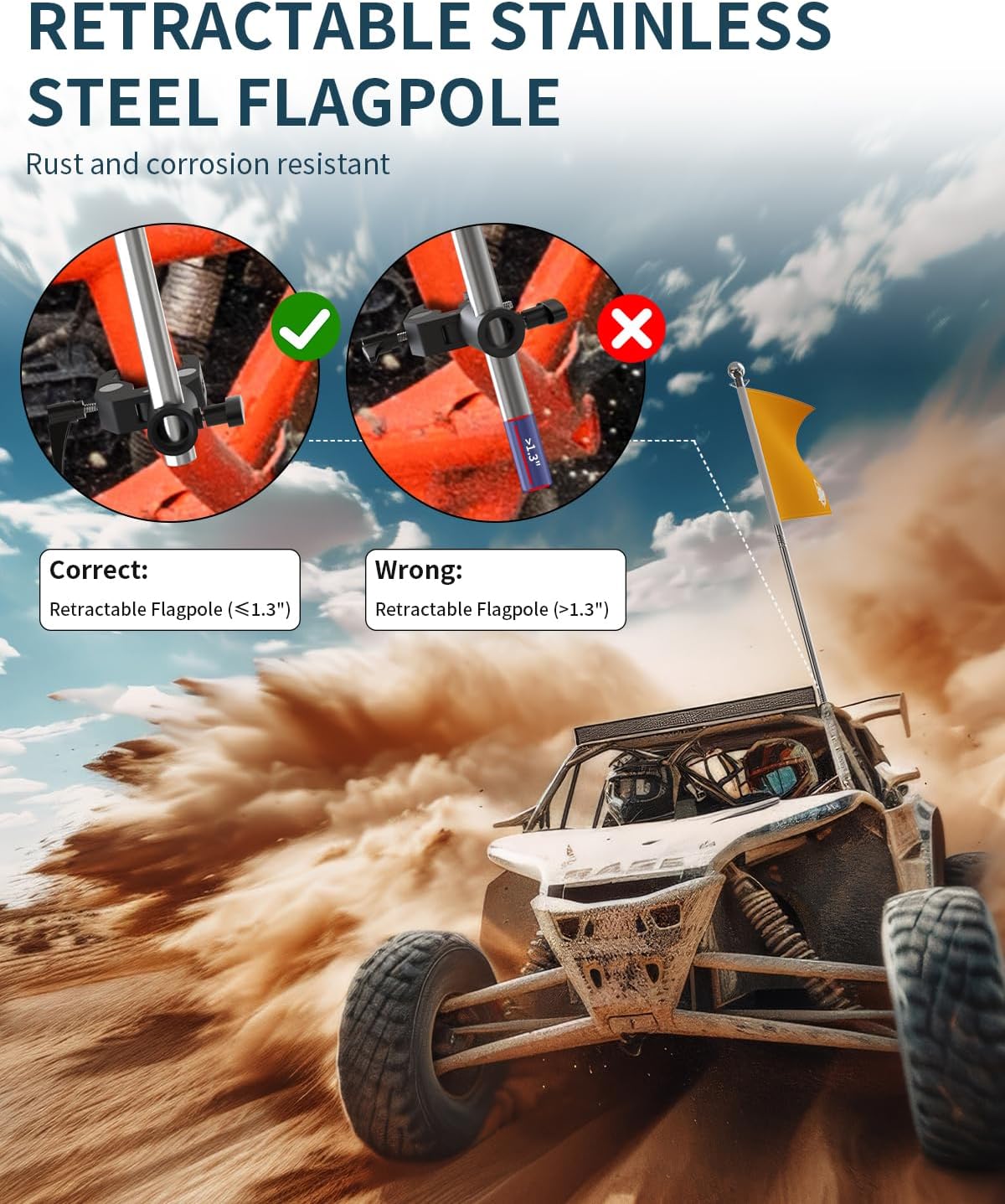 2 Pack American Boat Flag Pole Kit, 44-Inch Orange Boat Flag With Pole, 12x18'' Pontoon Boat Flags, Adjustable Boat Kayak Safety Flag 0.59"-2" Round/Square Rail Water Ski Flag For Tubing, Watersports