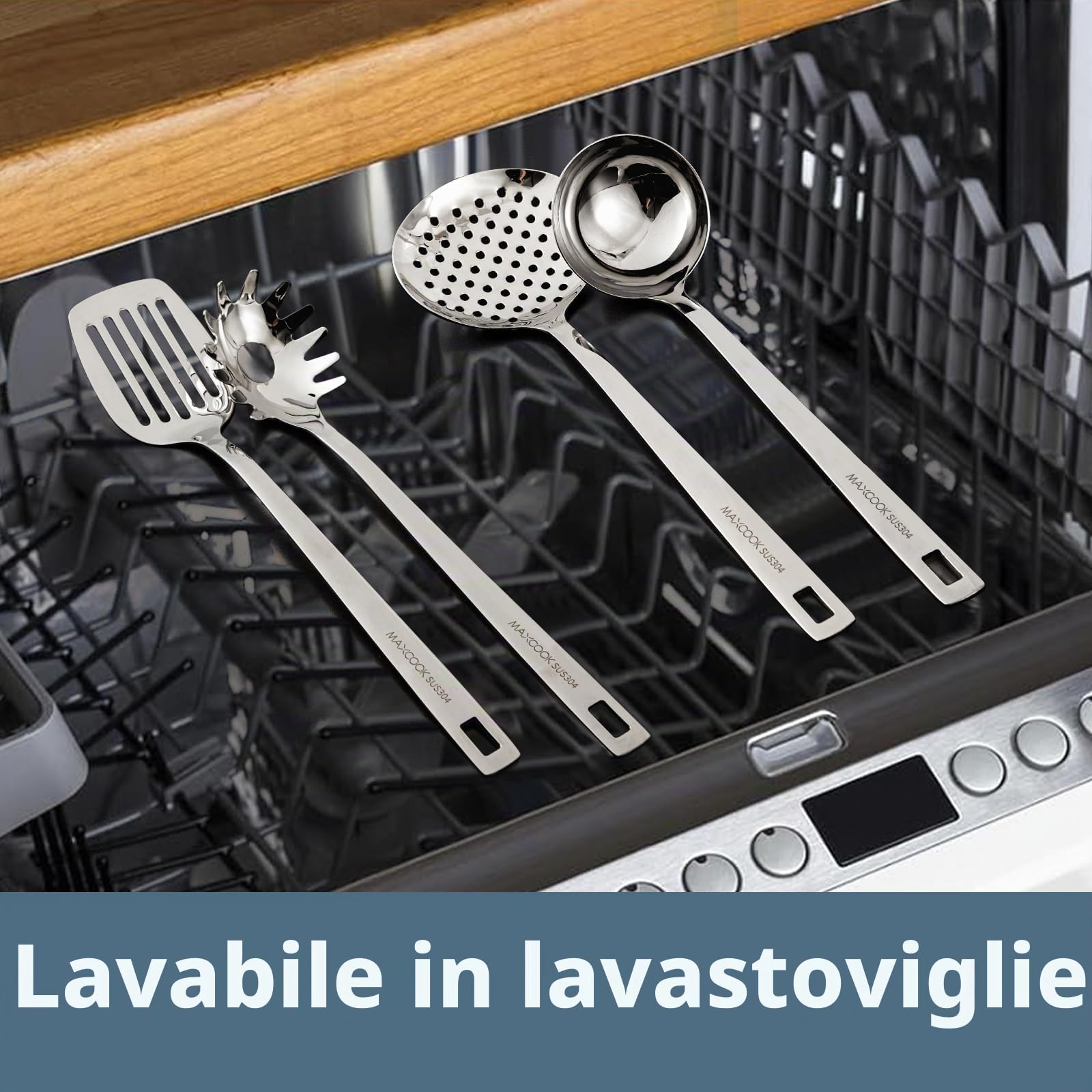 Set di 8 utensili da cucina, in acciaio inox 18/8, set di utensili da cucina, cucchiaio in schiuma durevole, mestolo per cucina (lavabile in lavastoviglie)