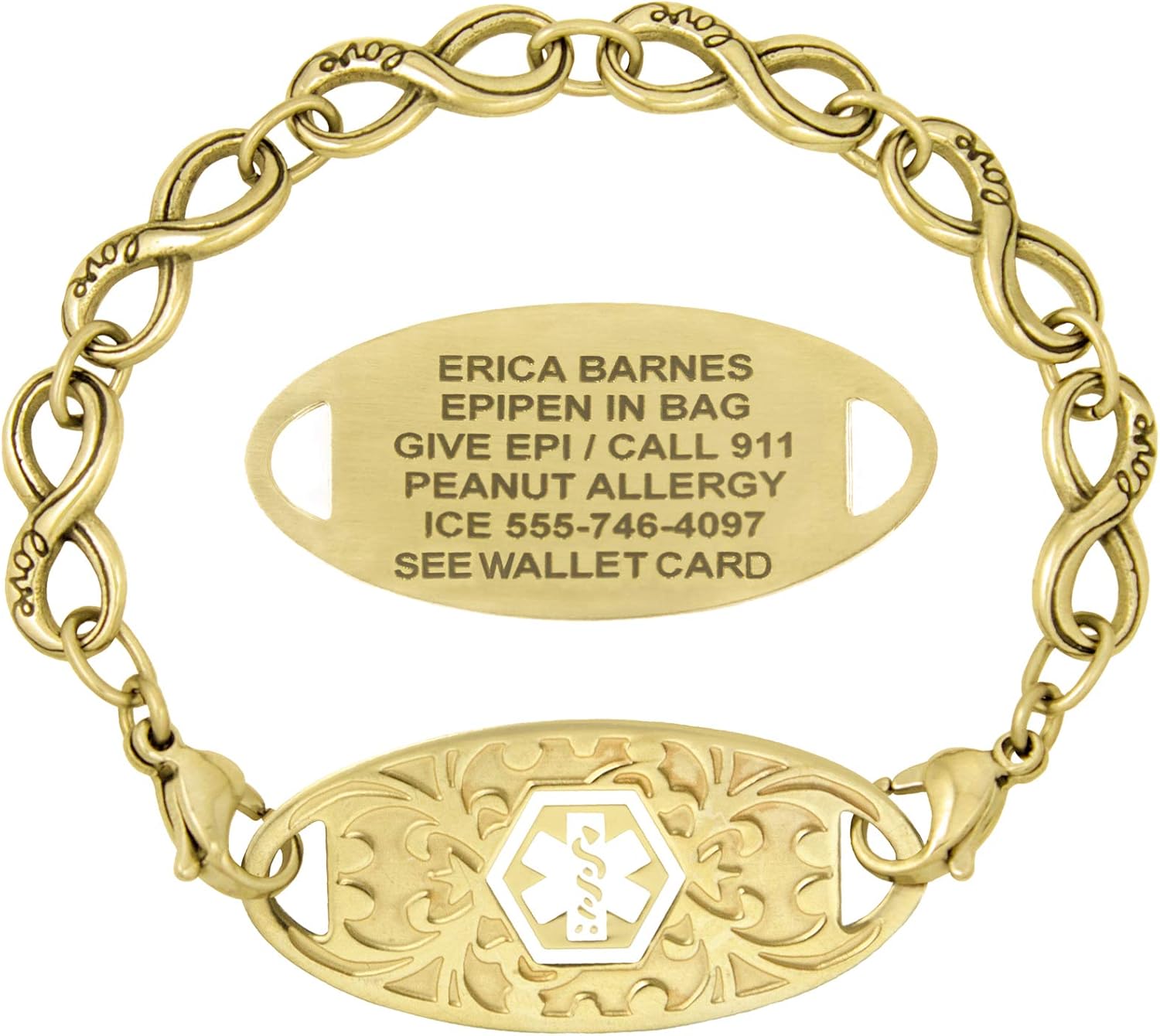 Lauren's Hope - CUSTOM ENGRAVED Gold Tone Infinity Chain Medical Alert Bracelet for Women, Free Engraving - Diabetes, Warfarin, Xarelto, Heart Conditions, Blood Thinners