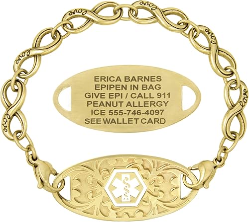 Lauren's Hope - Pulsera de alerta médica con cadena infinita grabada en tono dorado para mujer, grabado gratuito, diabetes, warfarina, xarelto,