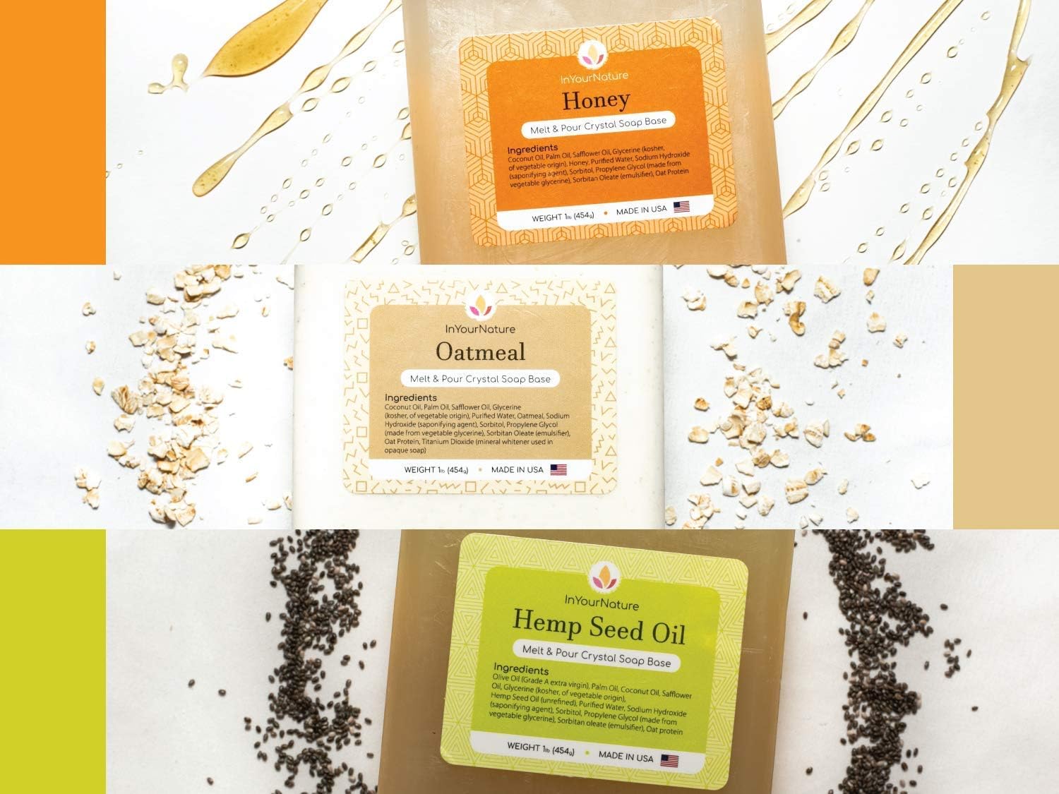 InYourNature Soap Base Melt and Pour for Soap Making 6 x 1 LB Organic Soap Kit, Shea Butter, Goats Milk, Clear Glycerin, Oatmeal, Honey, Hemp Seed Oil, All Natural Soap Base DIY, Soap Making Supplies: Arts, Crafts & Sewing