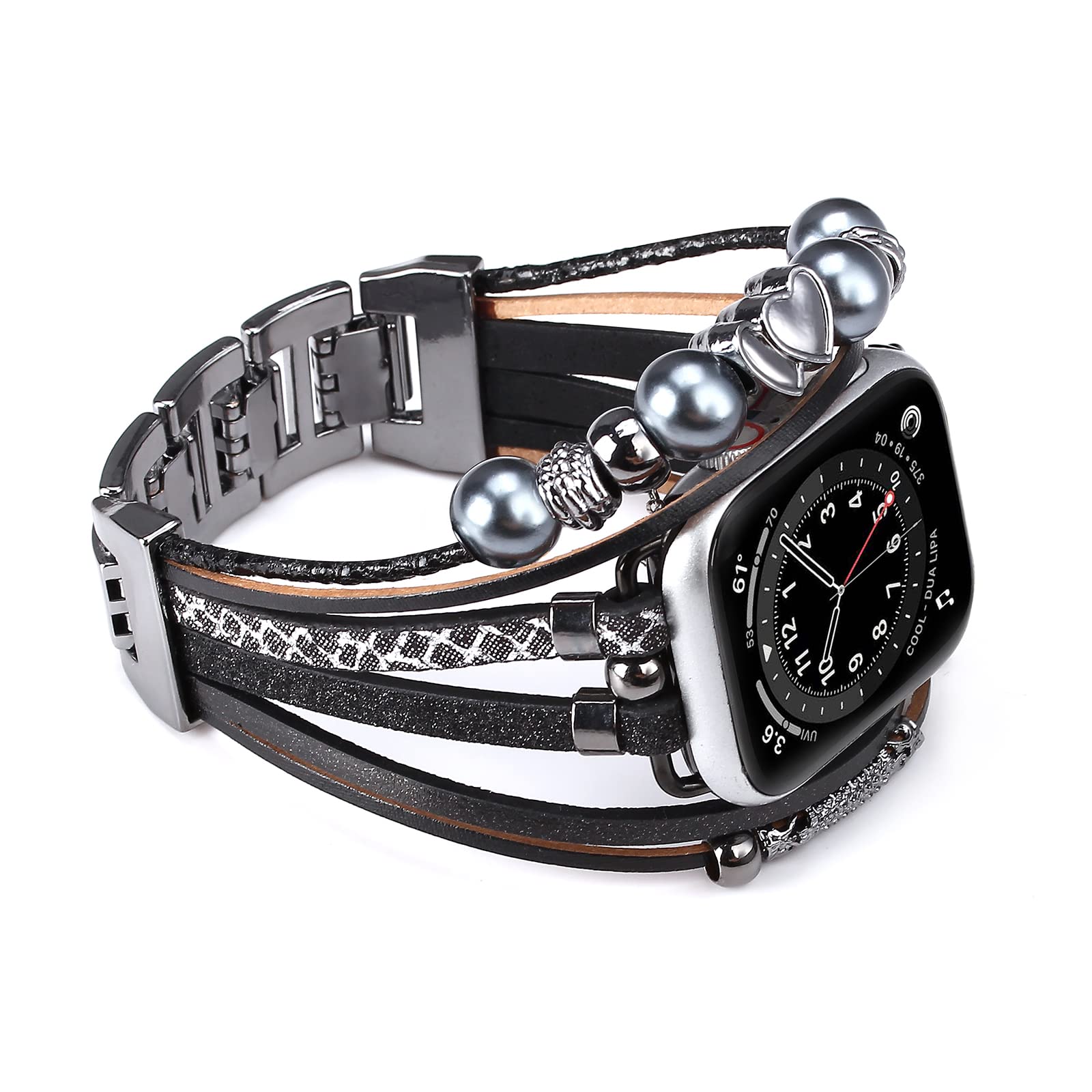 Wingoden Leather Bracelet Compatible with Apple Watch Band Women 42mm 44mm 45mm 49mm, Boho Multilayer Wrap Apple Watch Strap Replacement for iWatch Band Series 8 7 6 5 4 3 2 1 SE Ultra, Black