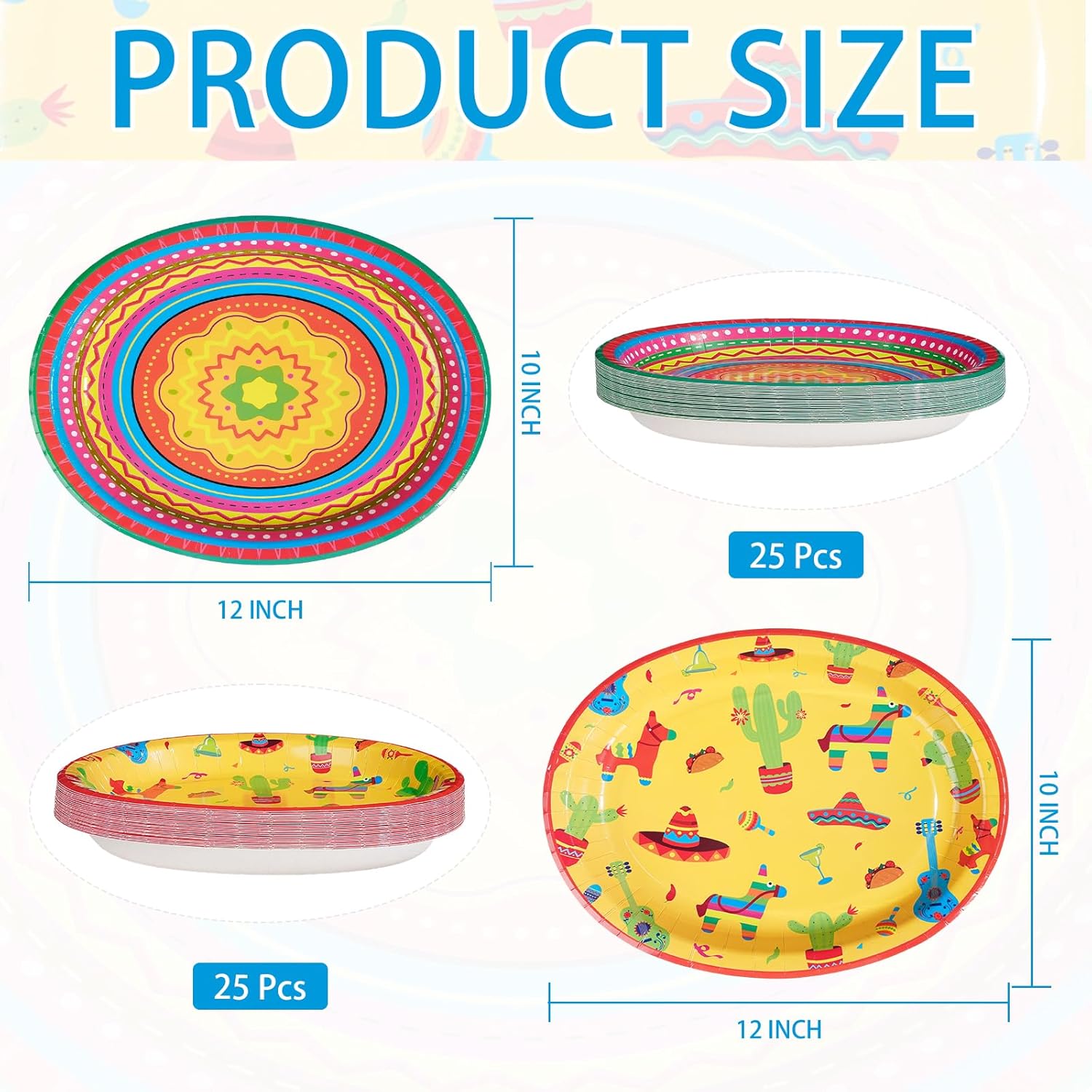 50Pcs Mexican Fiesta Oval Paper Plates 10" x 12" Large Heavy Duty Taco Carnival Disposable Plates Mexican Theme Cinco de Mayo Dessert Platters for Taco Tuesday Birthday Party Supplies Decor