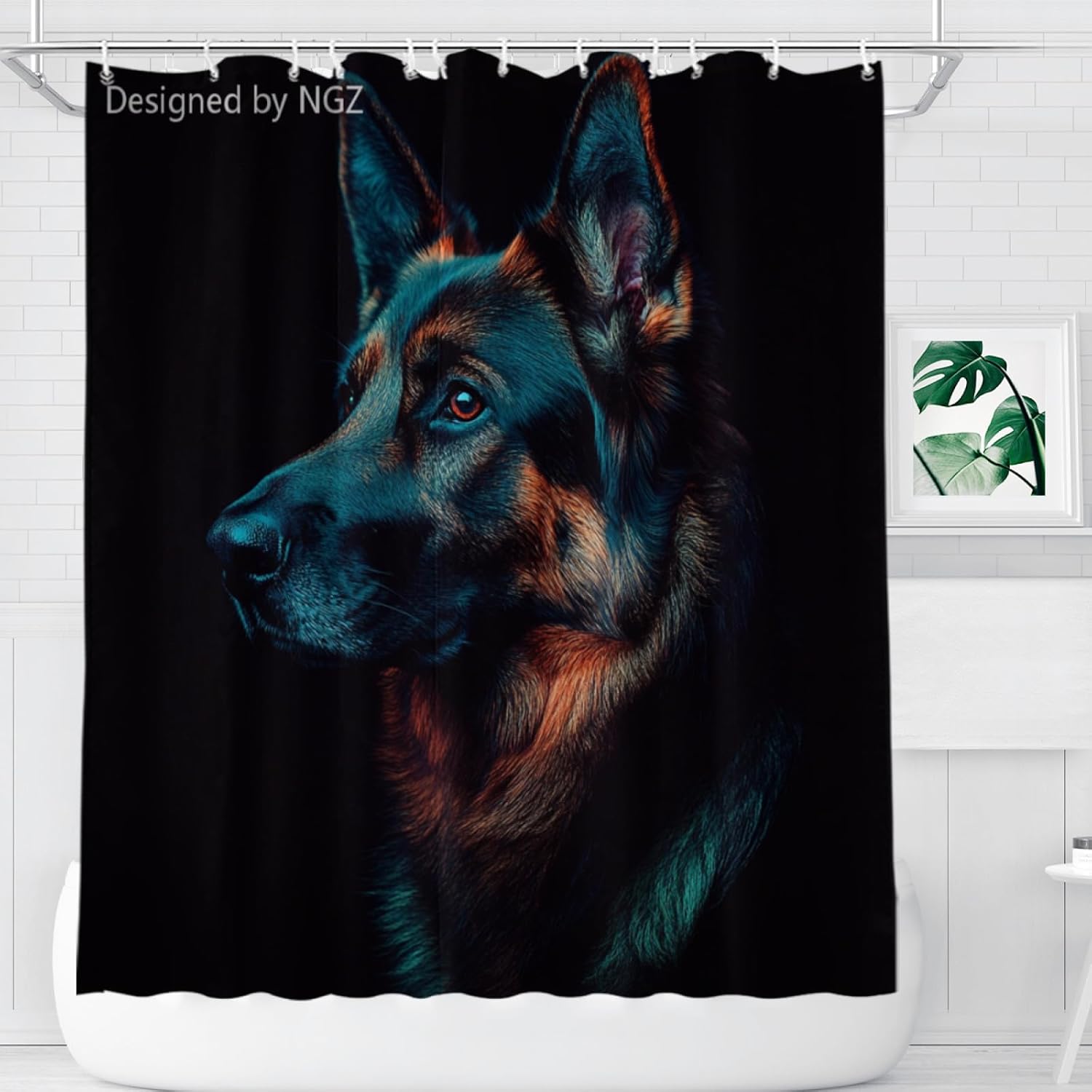 NGZ Black Realistic German Shepherd Painting Shower Curtains for Bathroom, 72x72 Inches, Snow Fabric, Set with 12 Hooks