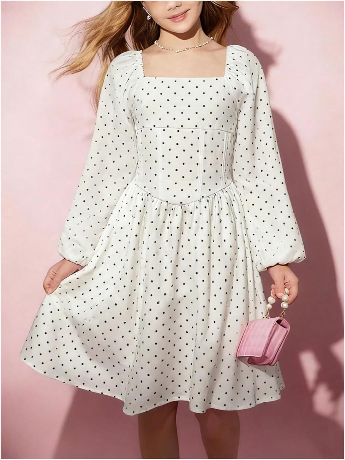 SweatyRocks Girl's Polka Dots A Line Dresses Long Sleeve Square Neck Shirred Flowy Short Dress - Image 4