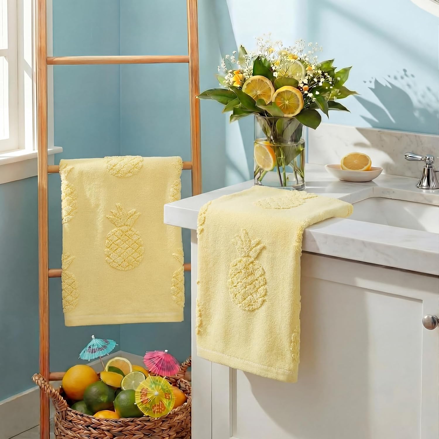 Remagr 2 Pcs Pineapple Hand Towels Set 100% Cotton Jacquard Weave 29.5 x 13.8 Inch Soft Absorbent Yellow Towels for Bathroom Decor Festive Gifts