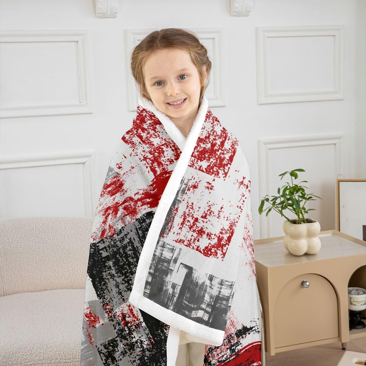 Abstract Plush Blanket Modern Abstract Art Fleece Throw Blanket for Bed Sofa Couch Red Grey Black Pattern Sherpa Blanket Room Decor Twin 60"x80" Fuzzy Blanket