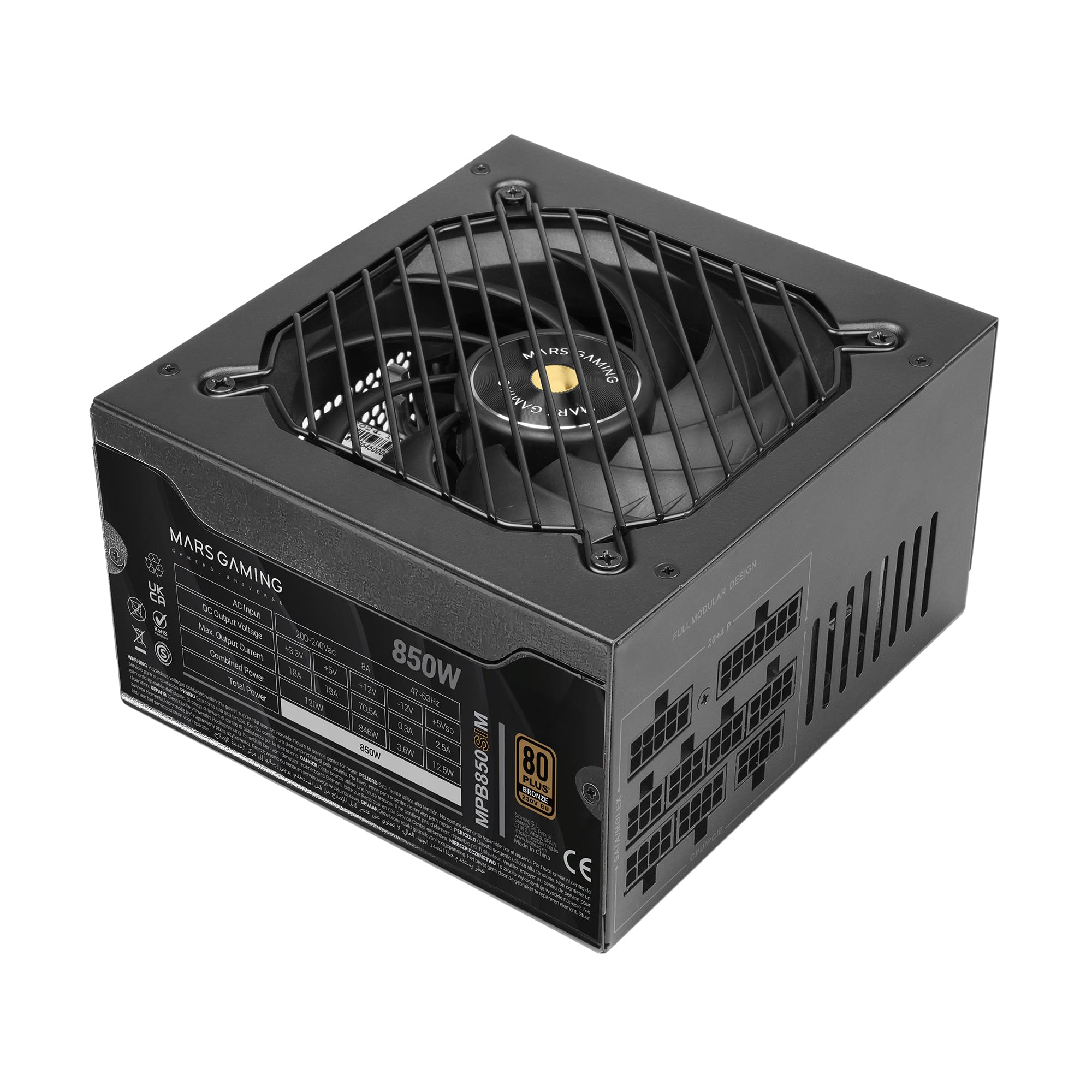 MARS GAMING MPB850SIM, W pełni modularny zasilacz ATX 850W, 7 lat gwarancji, 80Plus Bronze 230V EU, 90% efektywności, wentylator SI Extreme Silence 140mm, technologie AI2-RPM, DC-DC i SMD, Czarny