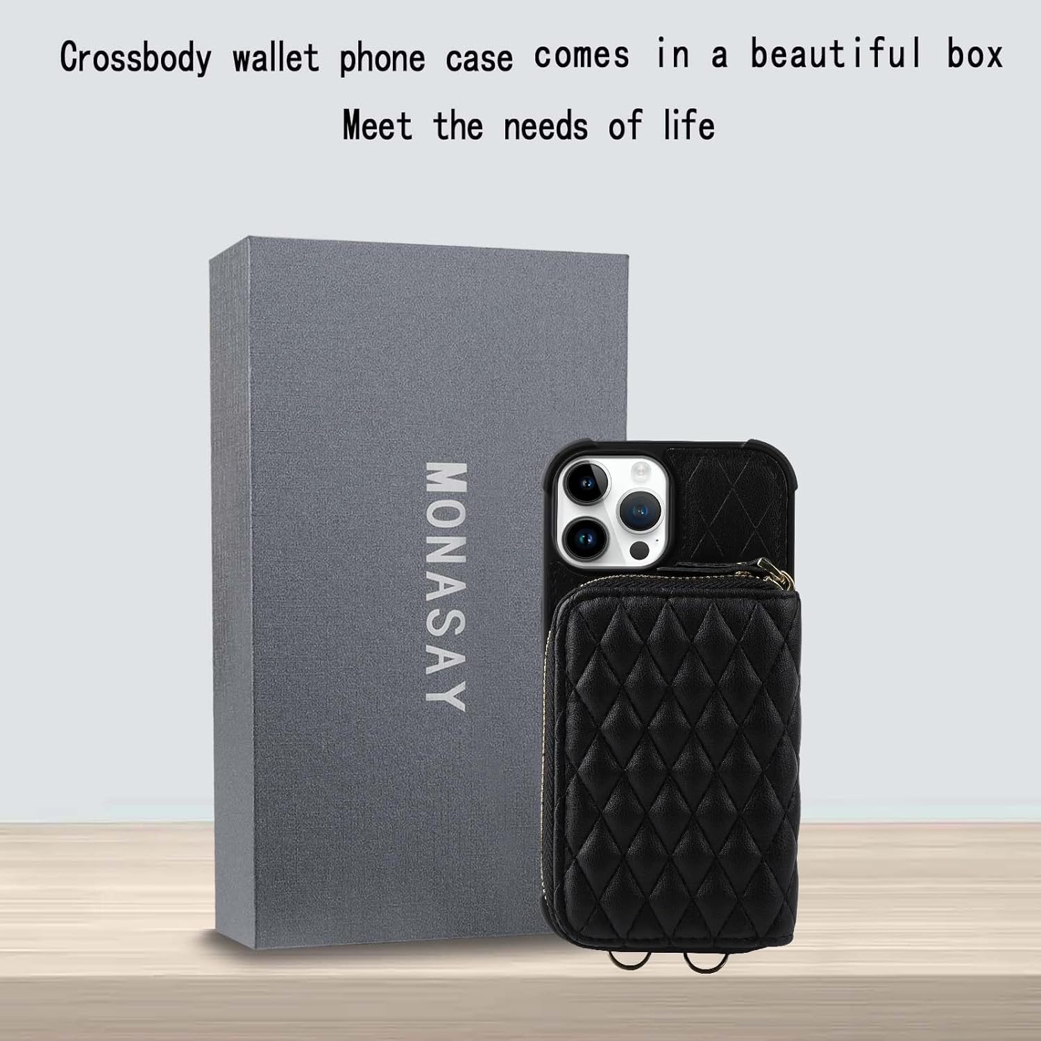 MONASAY Zipper Wallet Case Compatible for iPhone 15 Pro,[Glass Screen Protector ][RFID Blocking] Flip Leather Handbag Phone Cover with Card Holder and Detachable Crossbody Lanyard Strap, Black