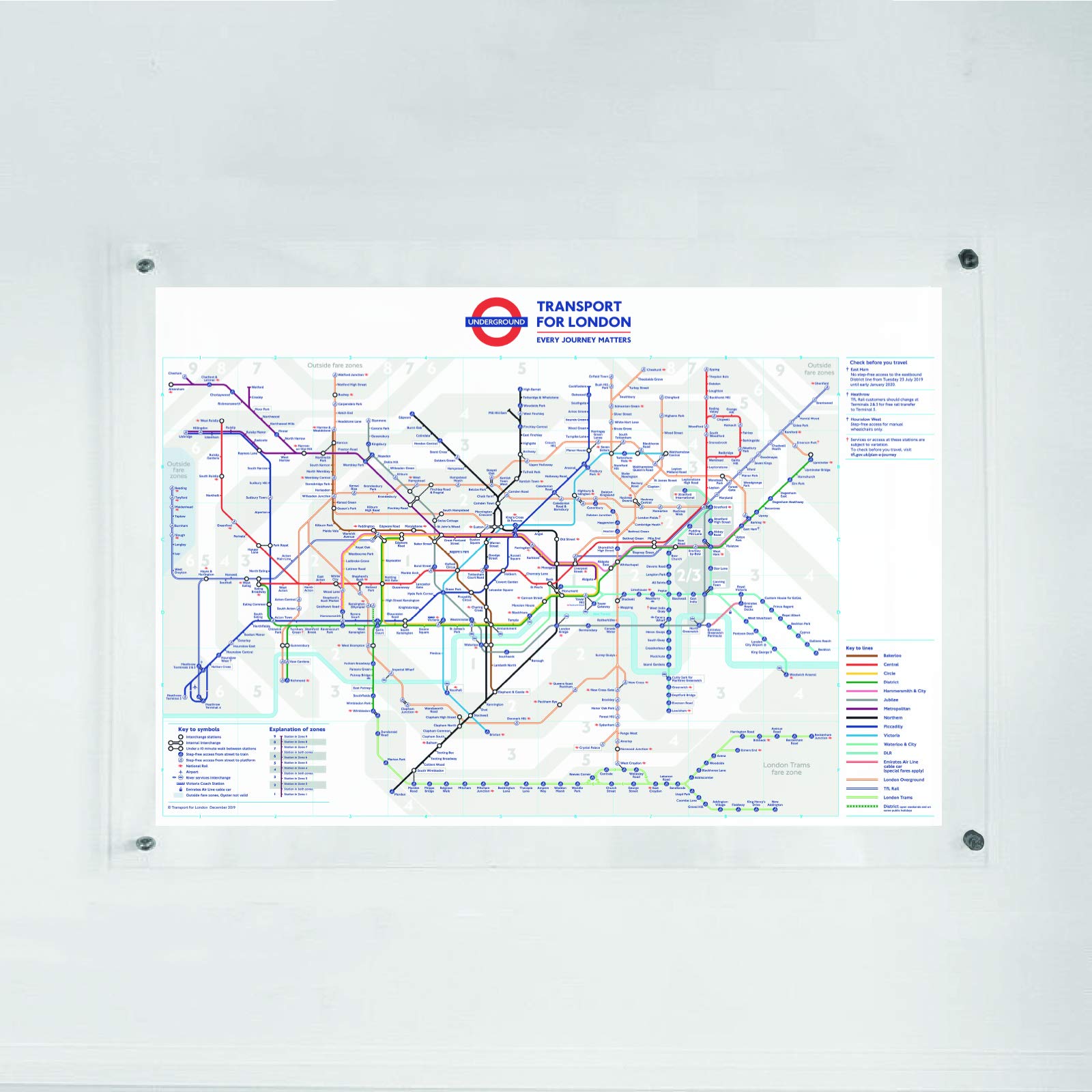 Carte du métro de Londres acrylique A3 avec boulons dorés pour un design mural chic