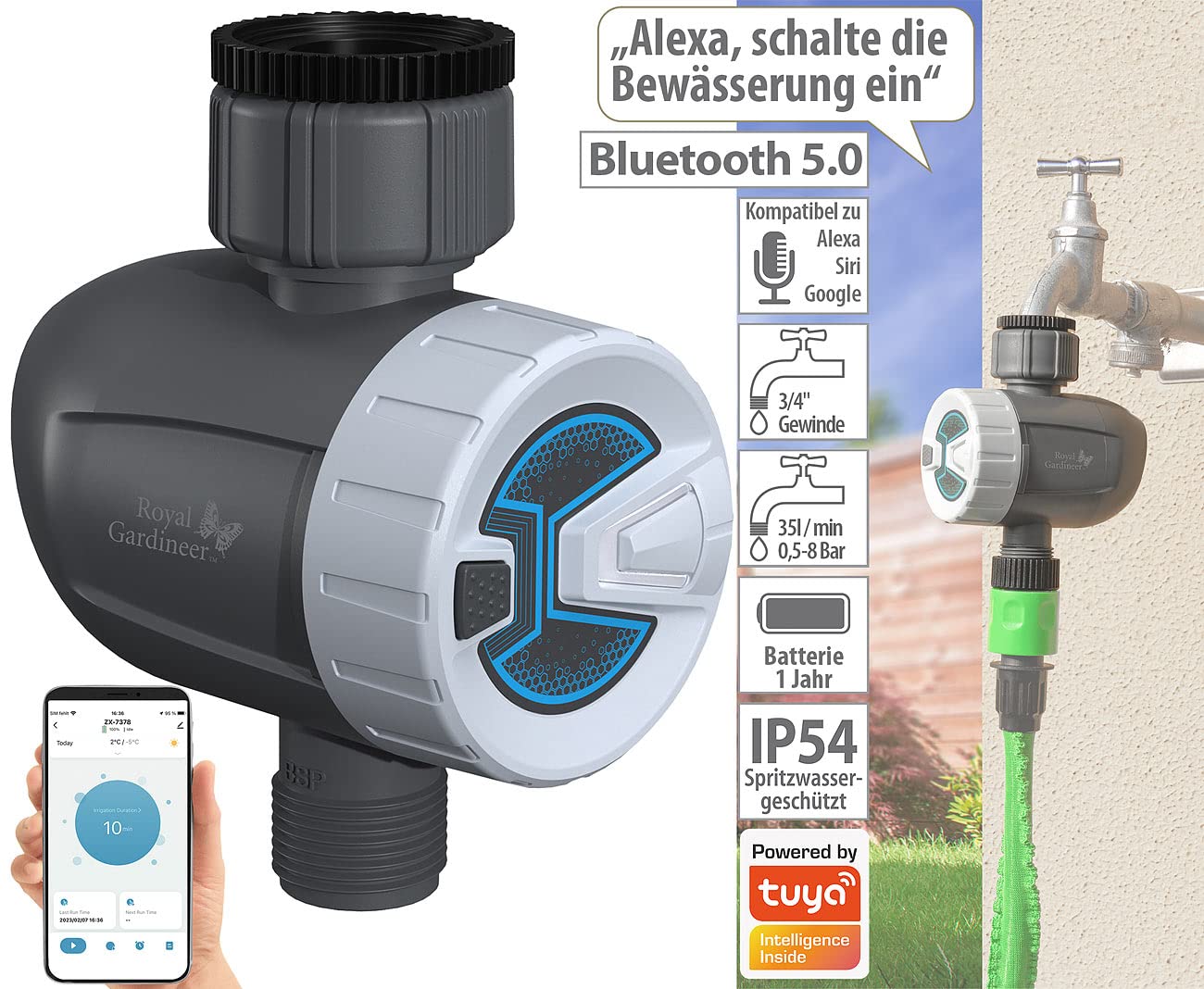Royal Gardineer Wassercomputer: Smarter programmierbarer Bewässerungscomputer mit Bluetooth 5 & App (Bewässerung Bluetooth, Garten Bewässerung, Home)