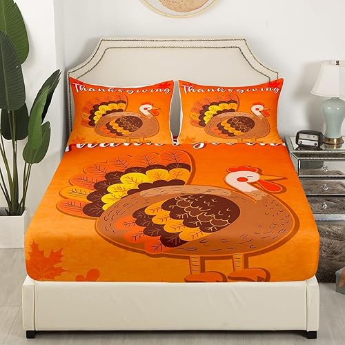 Miniatura 4 de Erosebridal Juego de sábanas de pavo de Acción de Gracias, tamaño King, ropa de cama de pavo de granja naranja quemado, juego de sábanas de pavo de