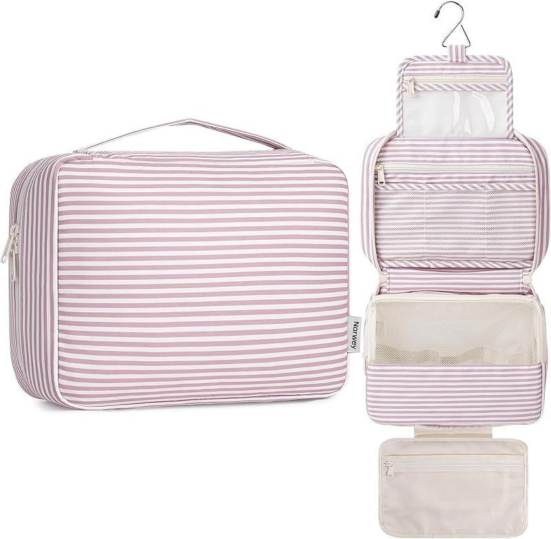 Necessaire de viagem Narwey com gancho para pendurar, compartimentos e bolso para maquiagem, B-Dusty Pink Stripe, 1 unidade