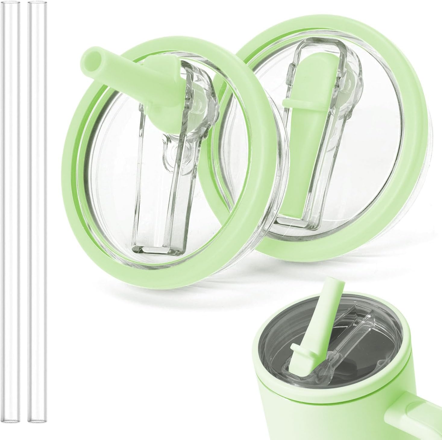 Flip Straw Lid Replacement for Stanley Quencher 30 OZ Tumbler - 2Pcs Leak Proof Cup Lids with Straw, Spill Proof Tumbler Cover Compatible with Stanley Cup Accessories, Light Green