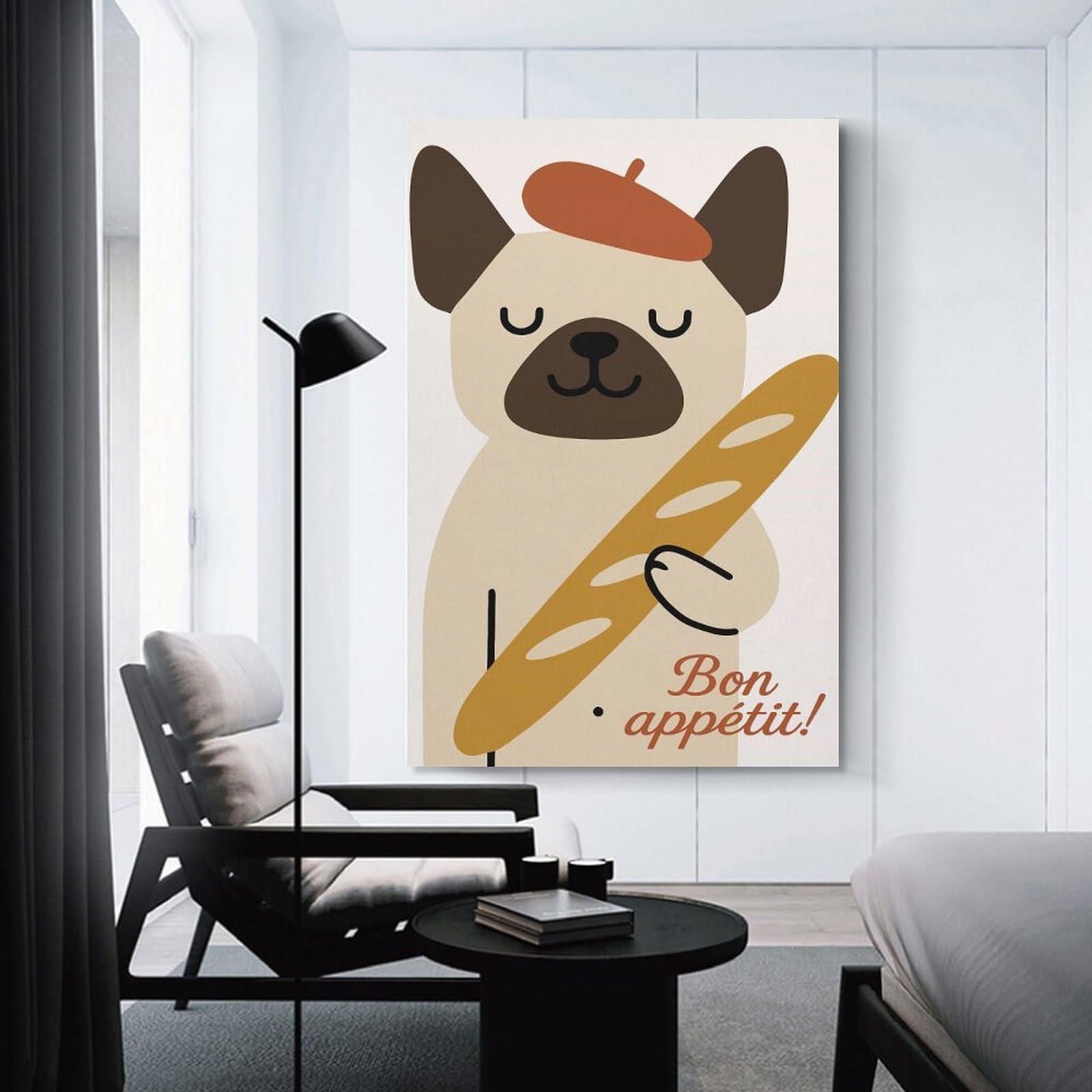 Junmoney Room Decor Wall Art French Bulldog with Baguette And Beret, 24x36inch(60x90cm), for Gallery Wall Layouts in Home Or Office, Home Wall Art for Statement Displays