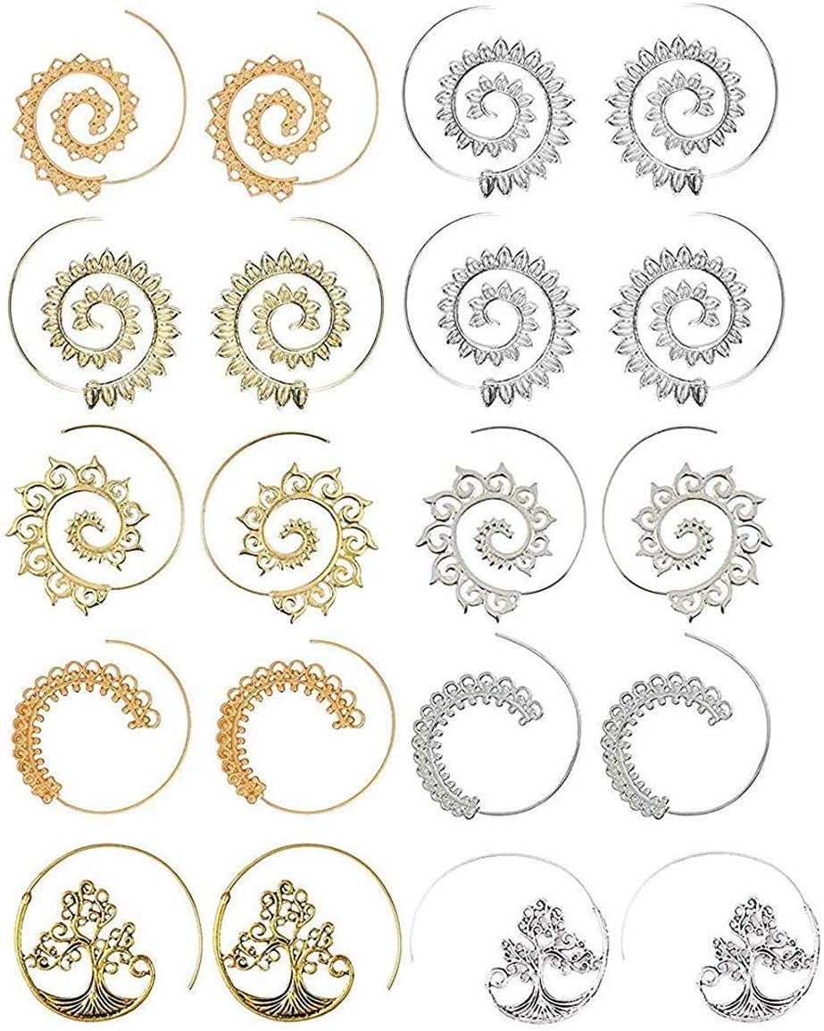 OMTBEL STOOLY 10pcs Gold and Silver Earrings,Vintage Bohemian Spiral Heart Alloy Dangle Charm Unique Jewelry
